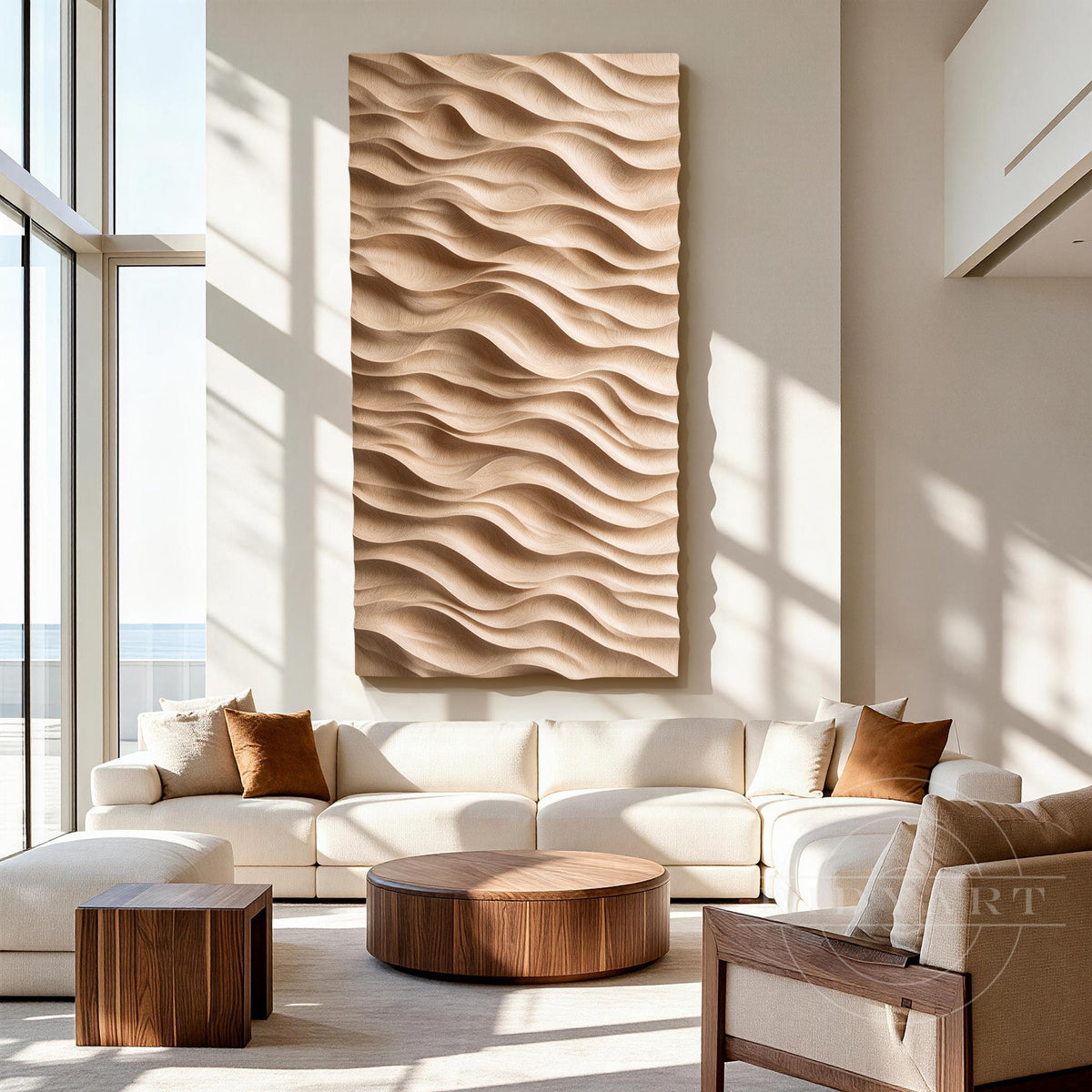 Beige carved wooden wall art with calming wave patterns creating a peaceful Wabi Sabi atmosphere