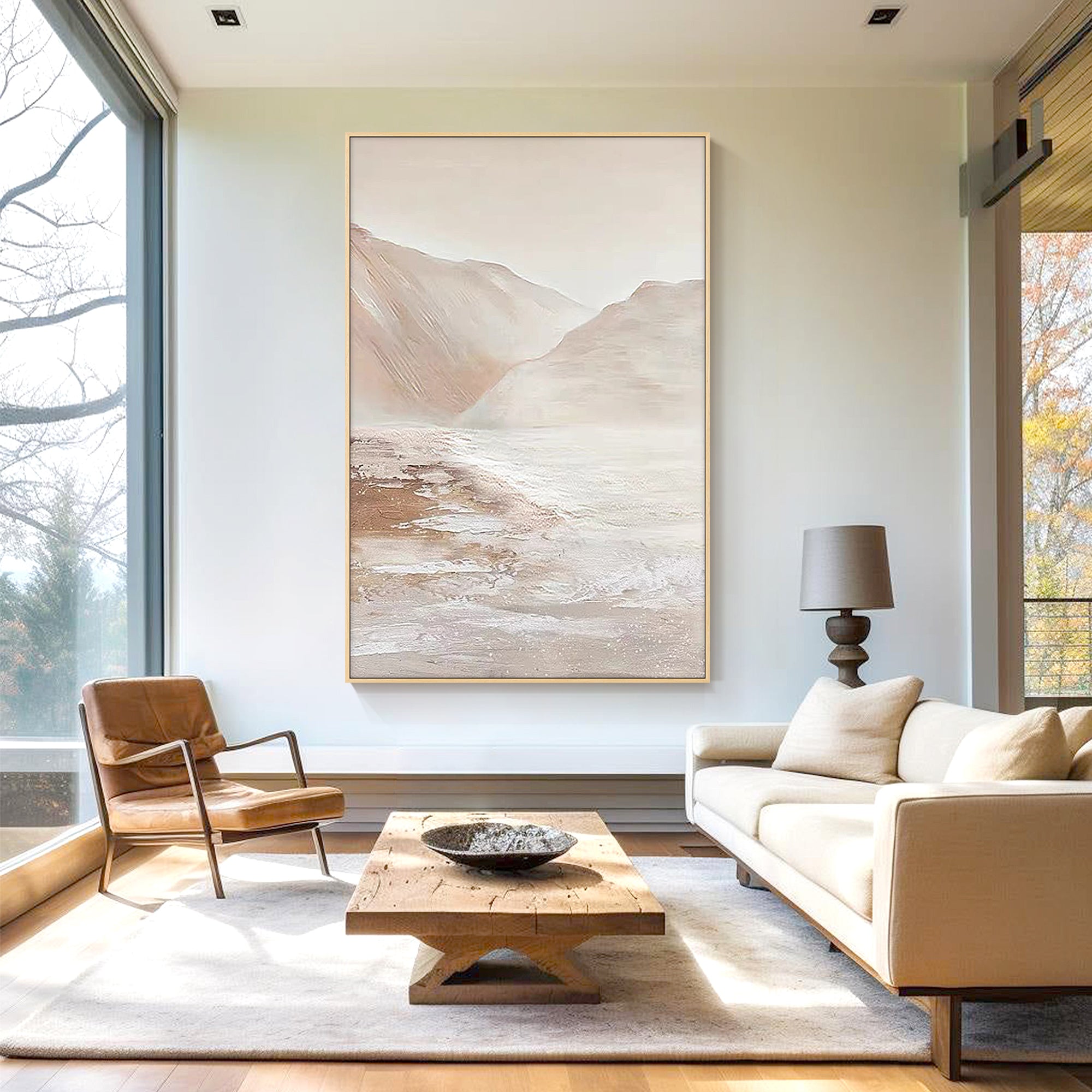 large abstract landscape canvas in minimalist living room decor