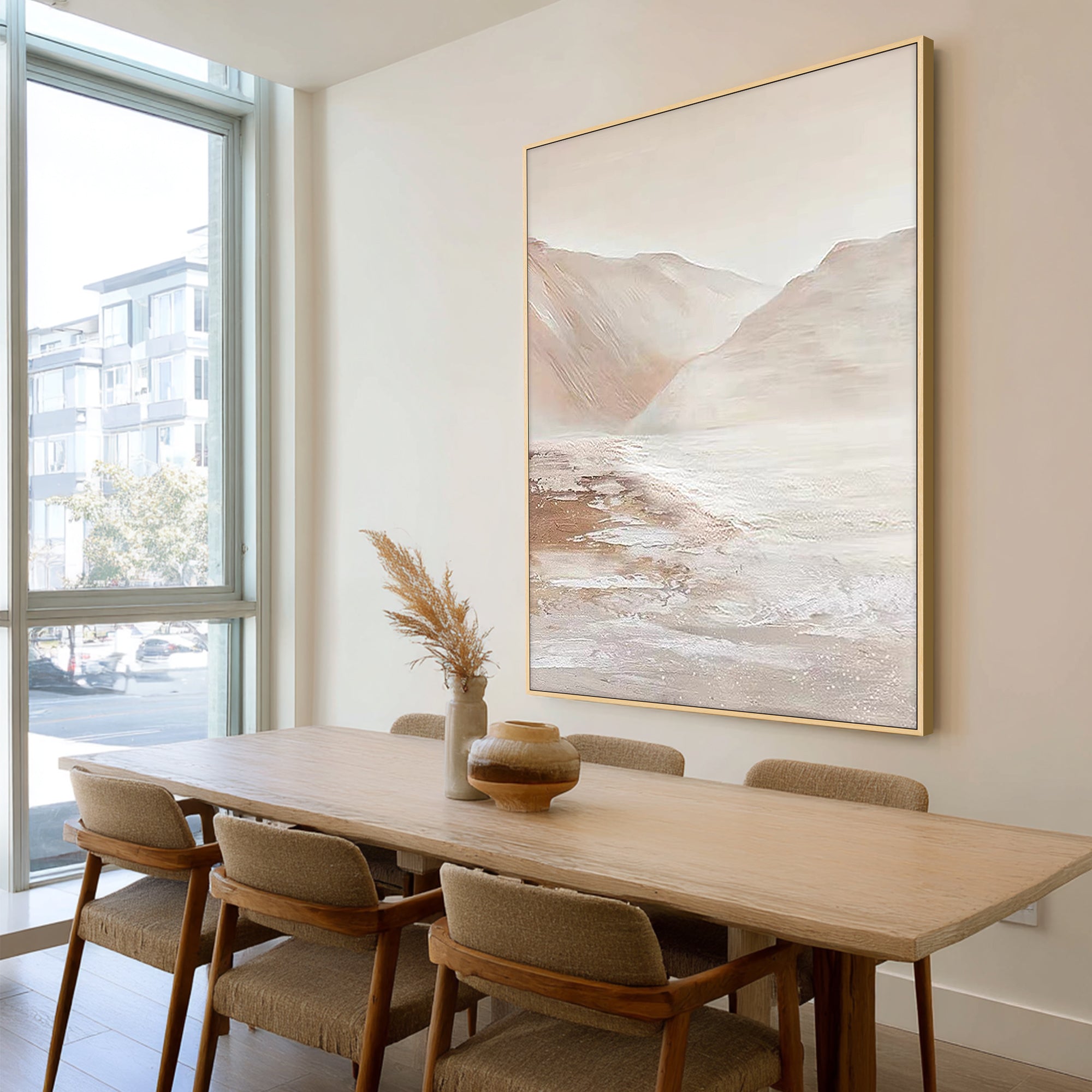 abstract neutral painting in home office desk workspace decor