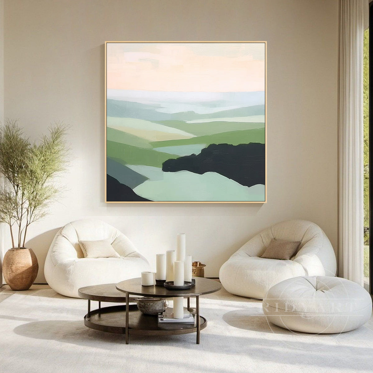 Minimalist olive green hill wall painting with wood frame.