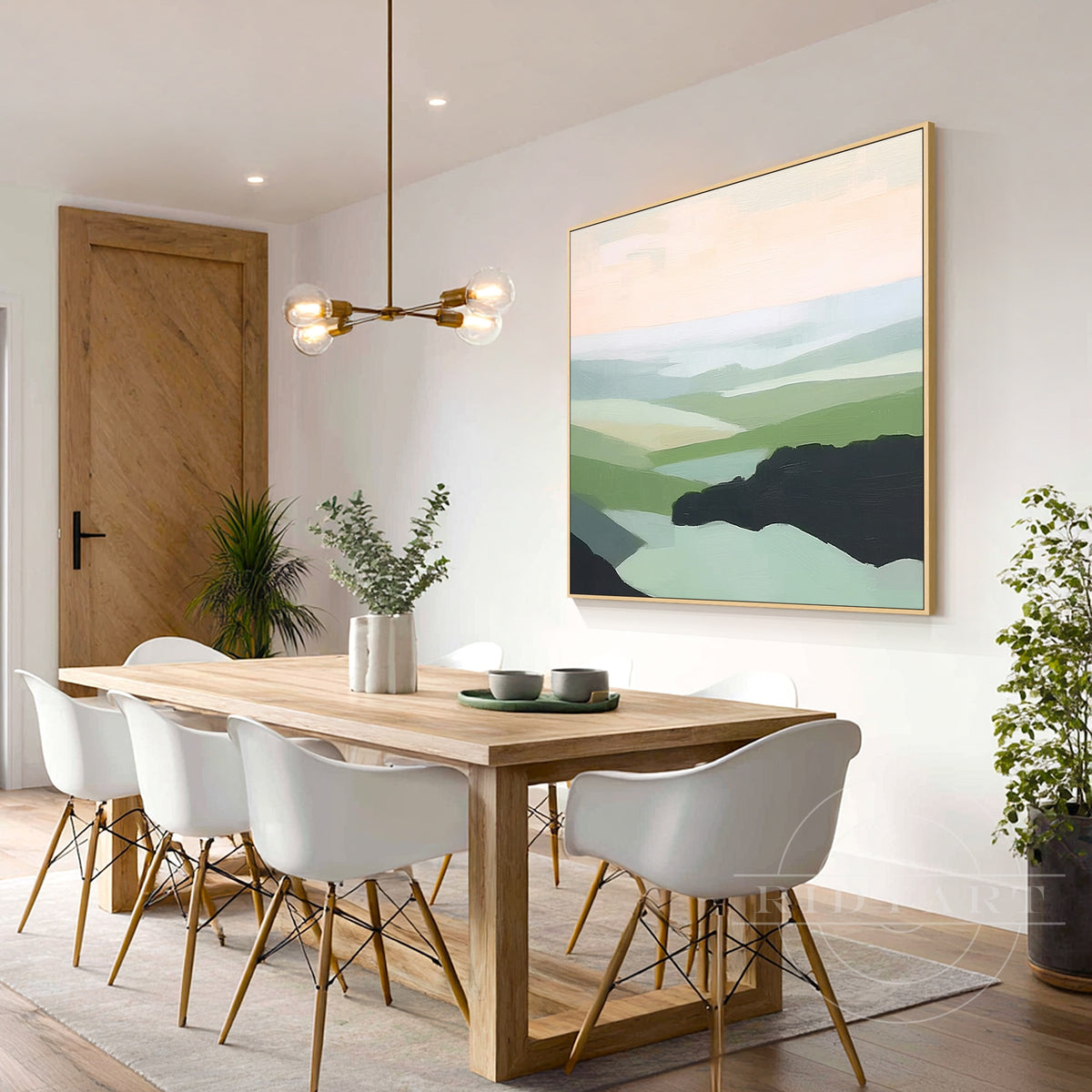 Japandi green valley hand painted canvas wall decor.