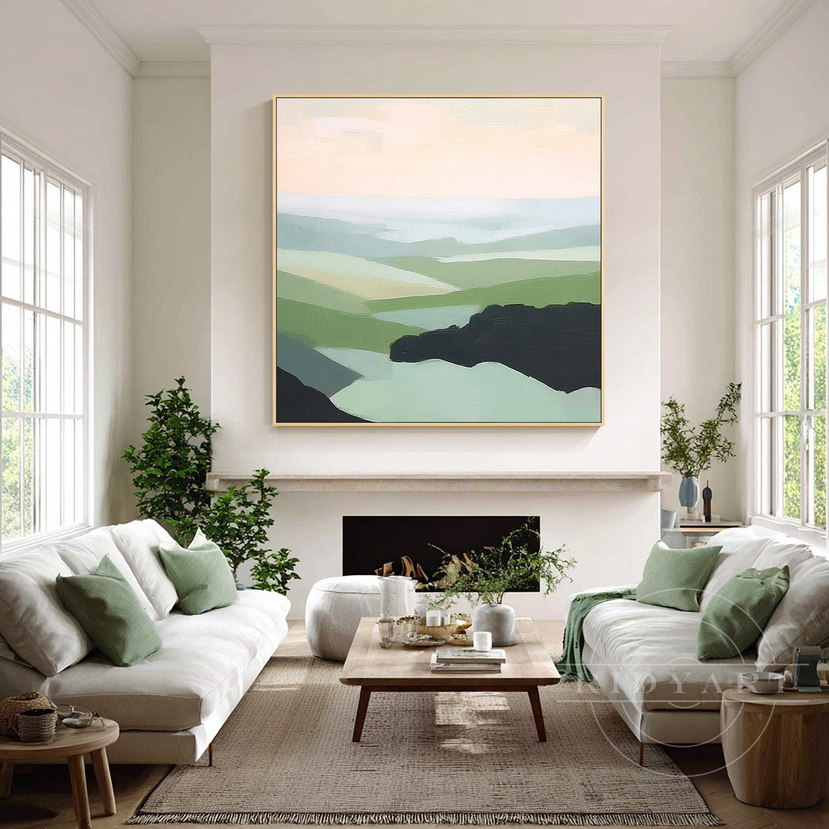 Modern landscape art with cream pink sky for living room.