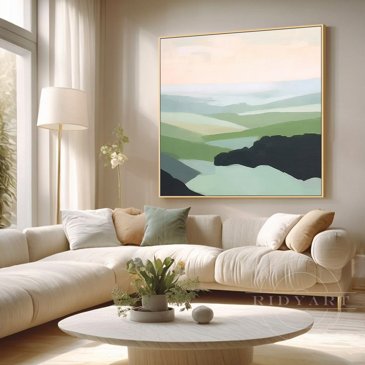 Framed earthy landscape artwork for home office decor.
