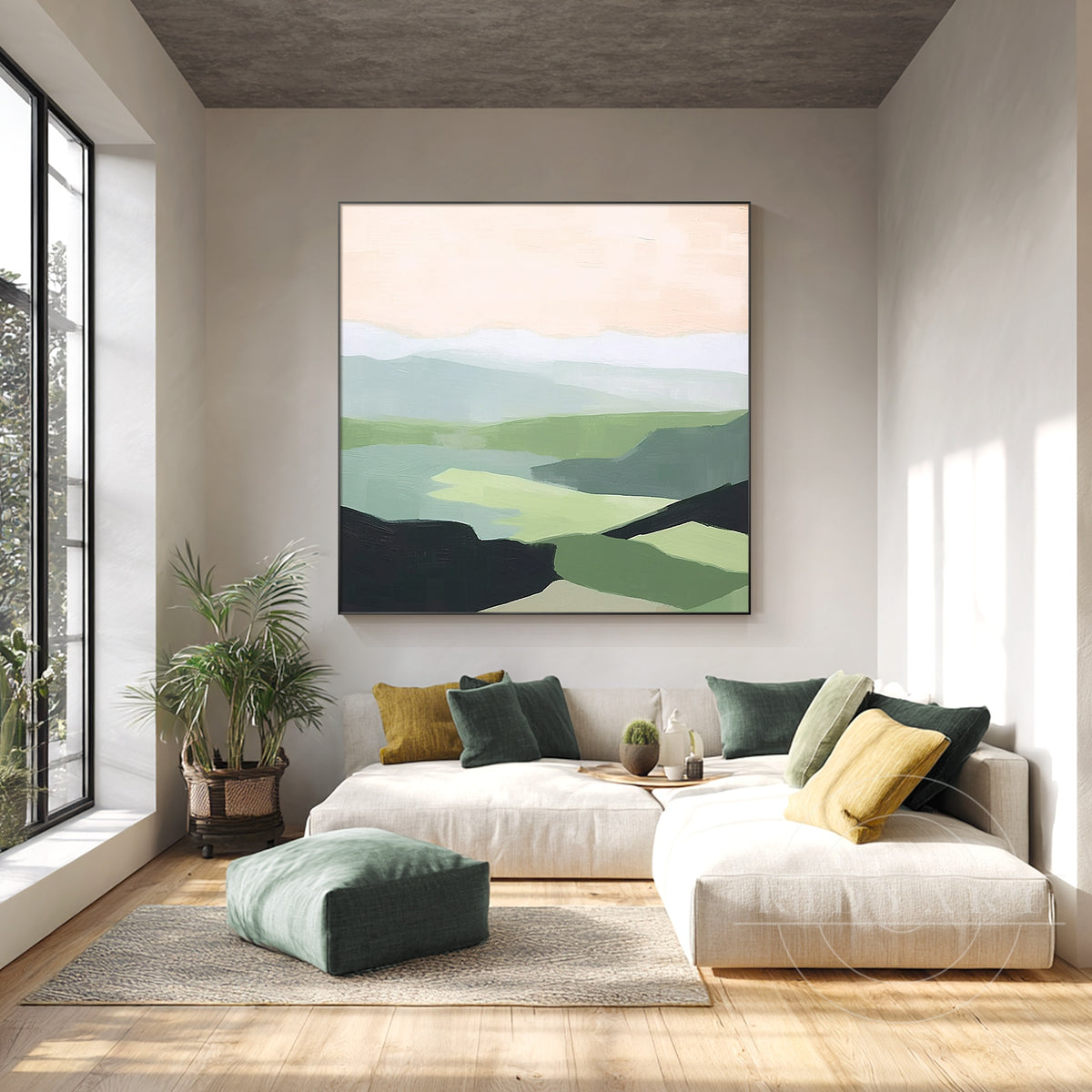Modern organic olive green canvas art for contemporary home.