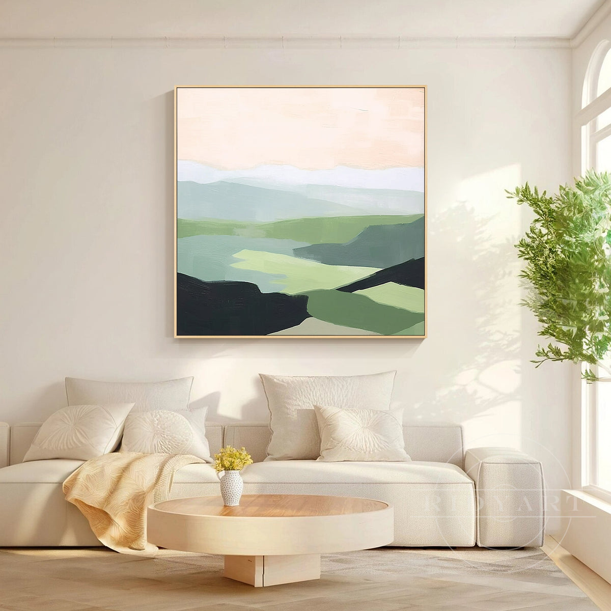 Contemporary green landscape art with light wood frame.