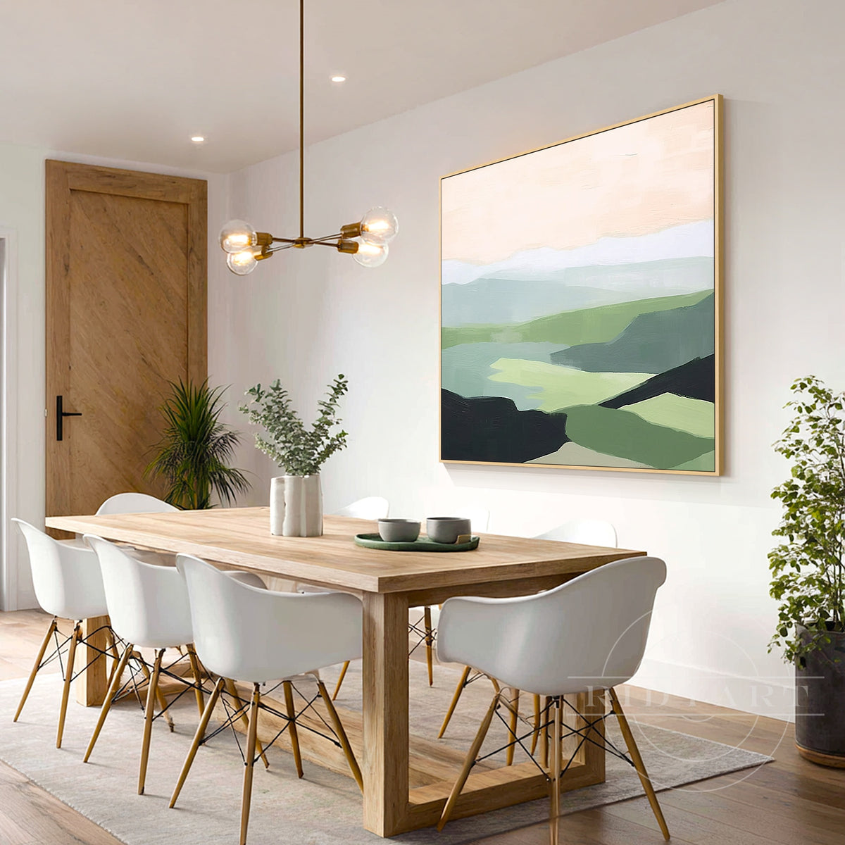Color block abstract mountain wall decor above sofa.