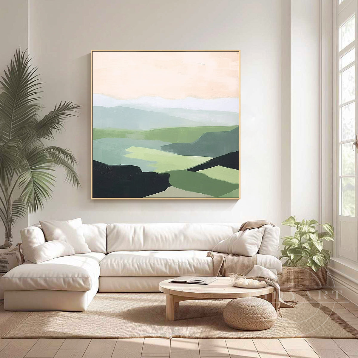 Large framed green abstract oil painting for gallery wall.