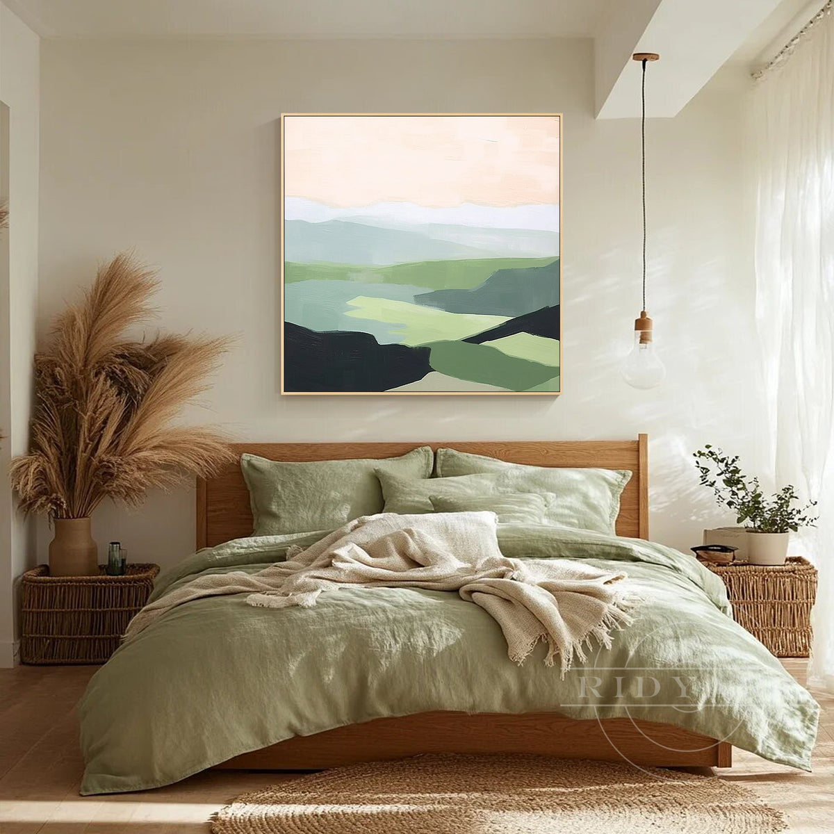 Earthy sage green color block wall painting for office.