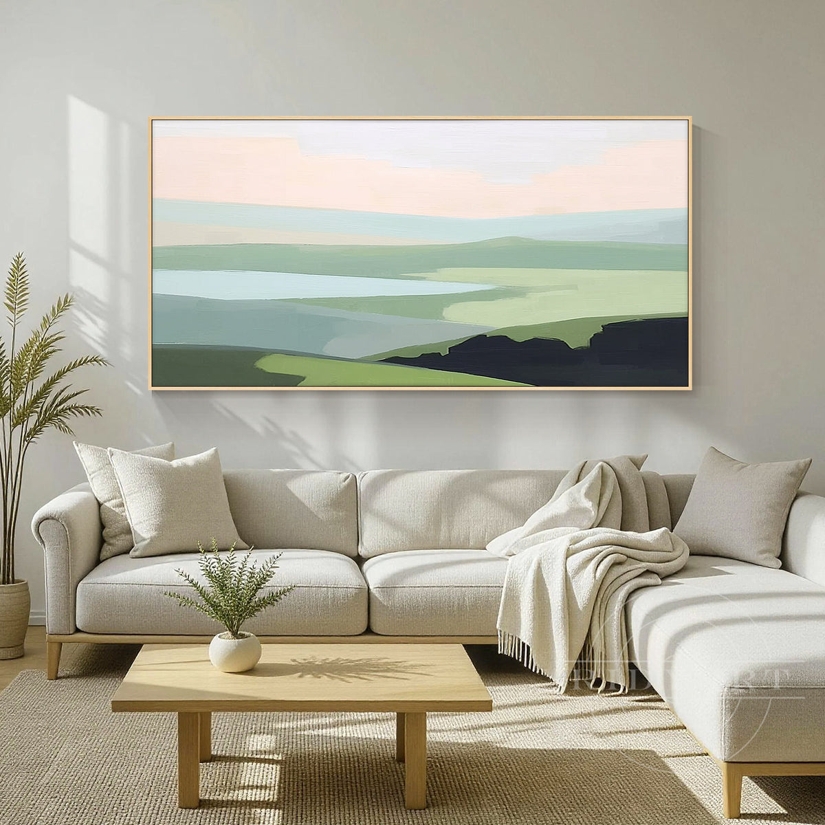 Panoramic sage green lake abstract canvas art above sofa.