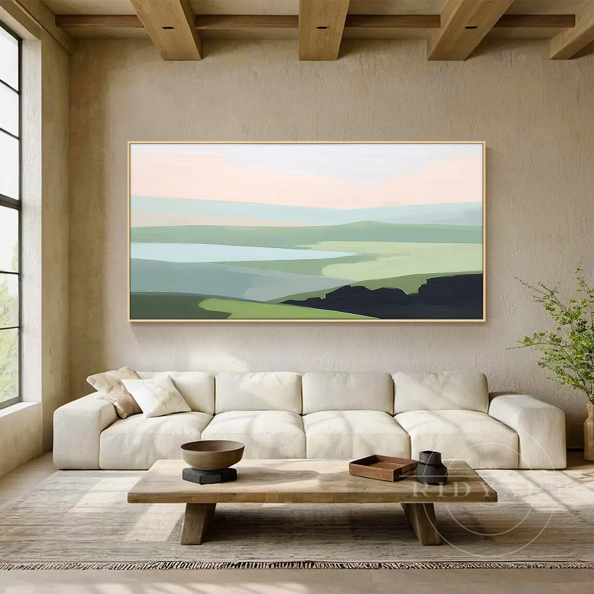 Minimalist lake horizon canvas with light wood frame.