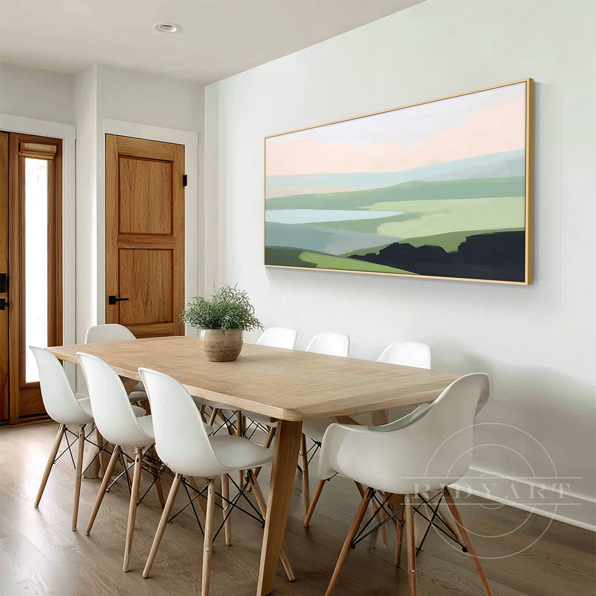 Horizontal modern landscape painting for bedroom headboard.