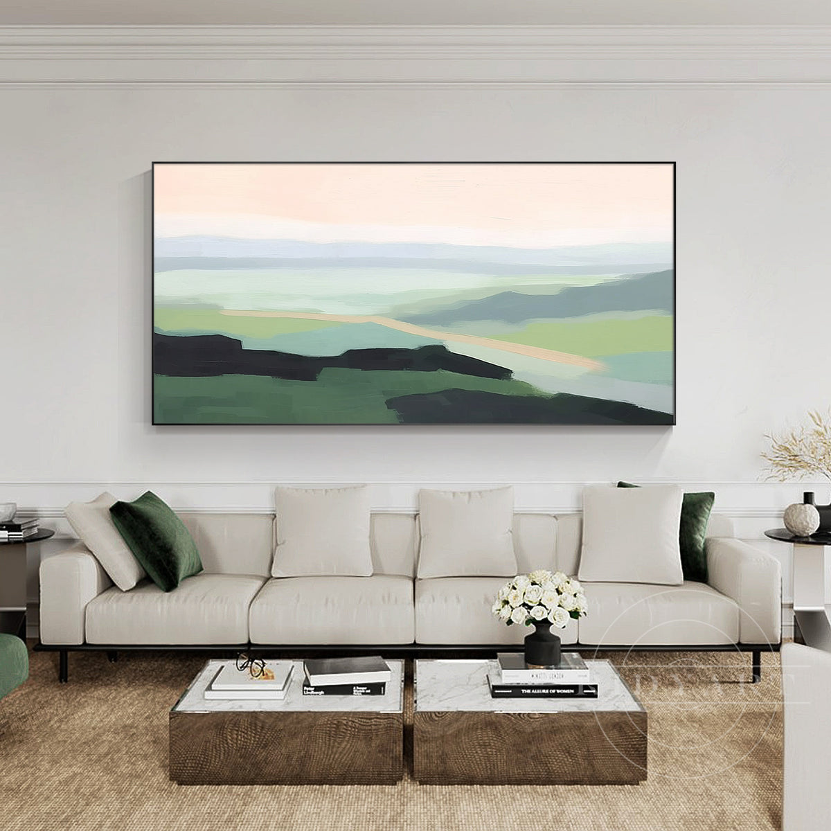Panoramic sage green pathway abstract canvas art above sofa.