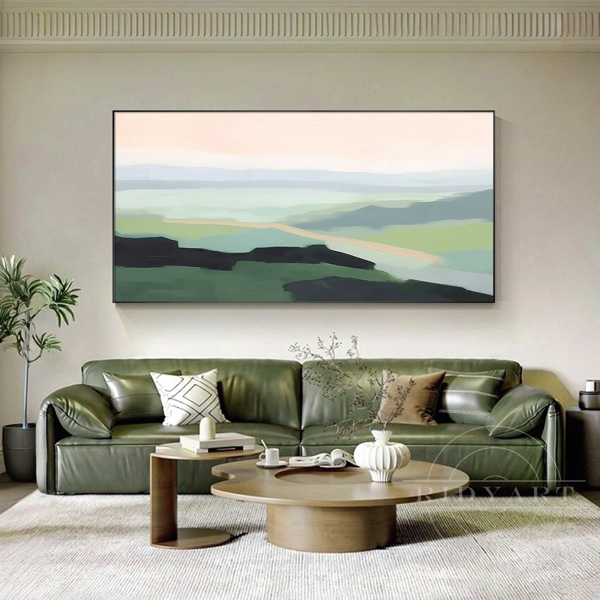 Japandi style green valley canvas with warm sand path framed.