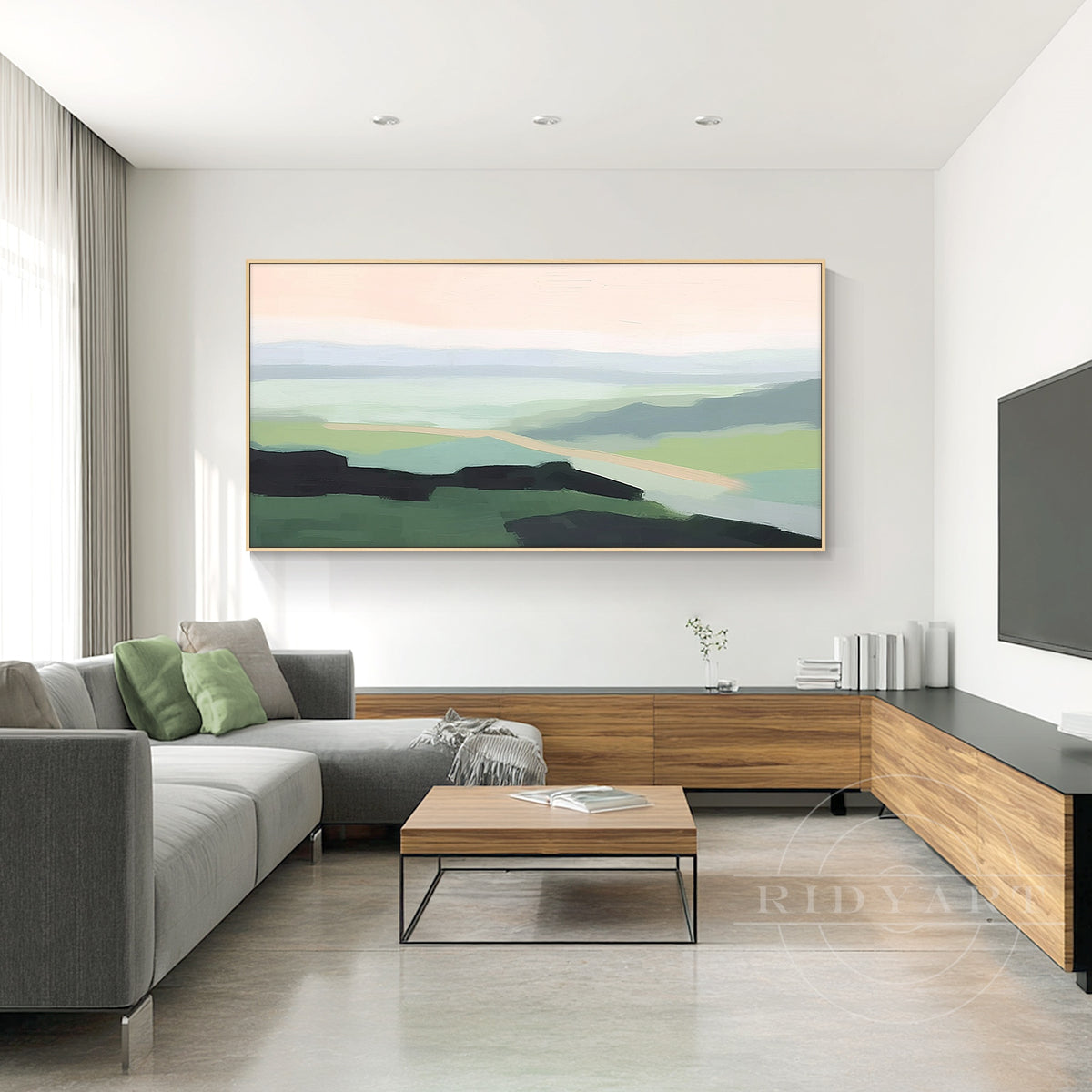 Minimalist framed landscape art with pink sky for living room.