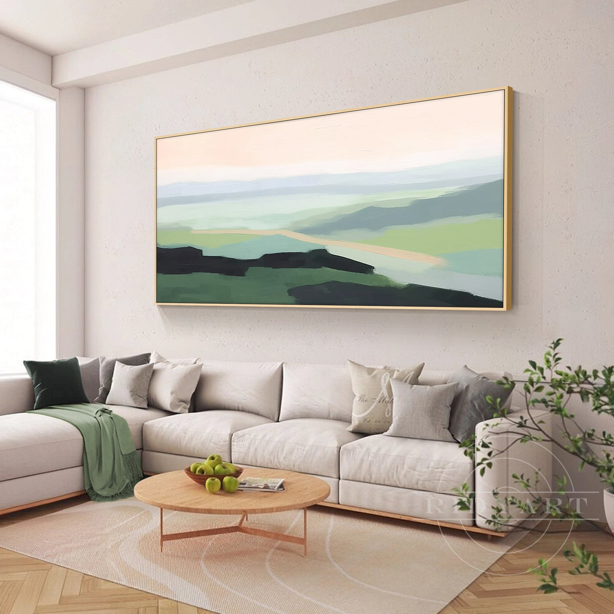 Large peaceful green horizon canvas for home office decor.