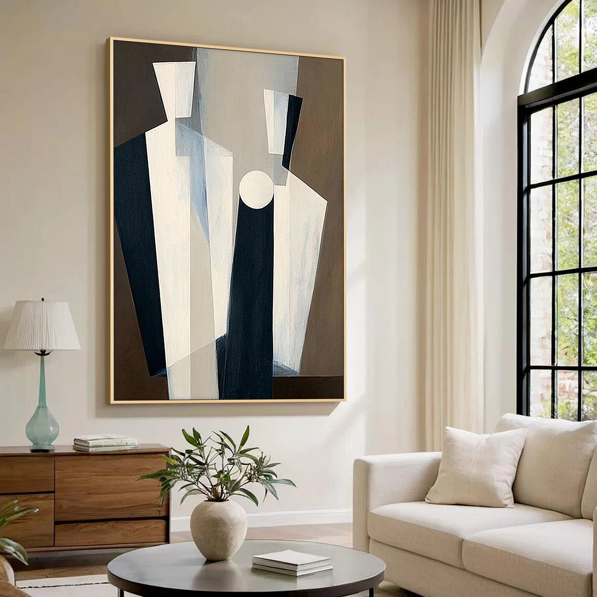 modern geometric figure artwork on textured wall in lounge