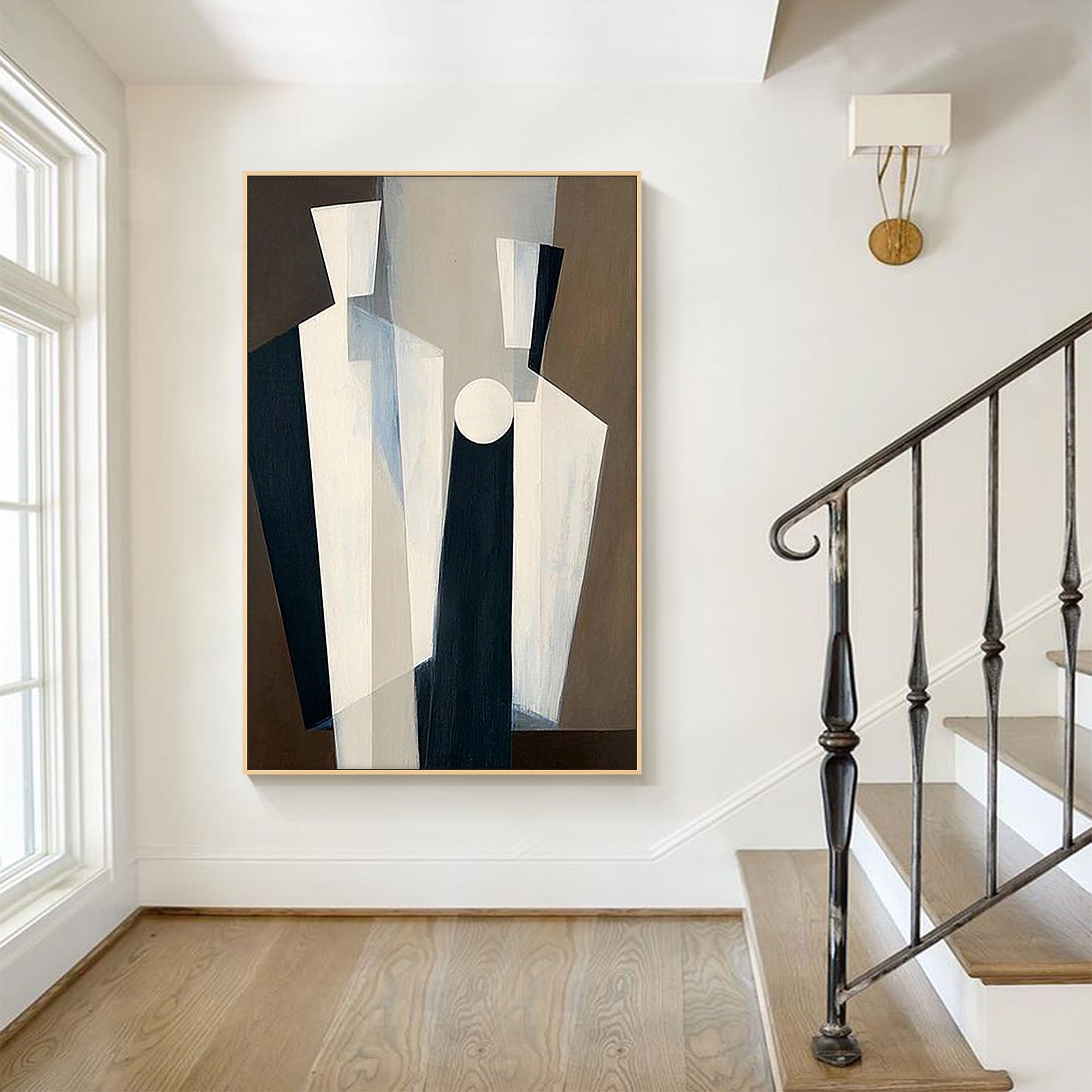 neutral abstract canvas painting in minimalist beige hallway