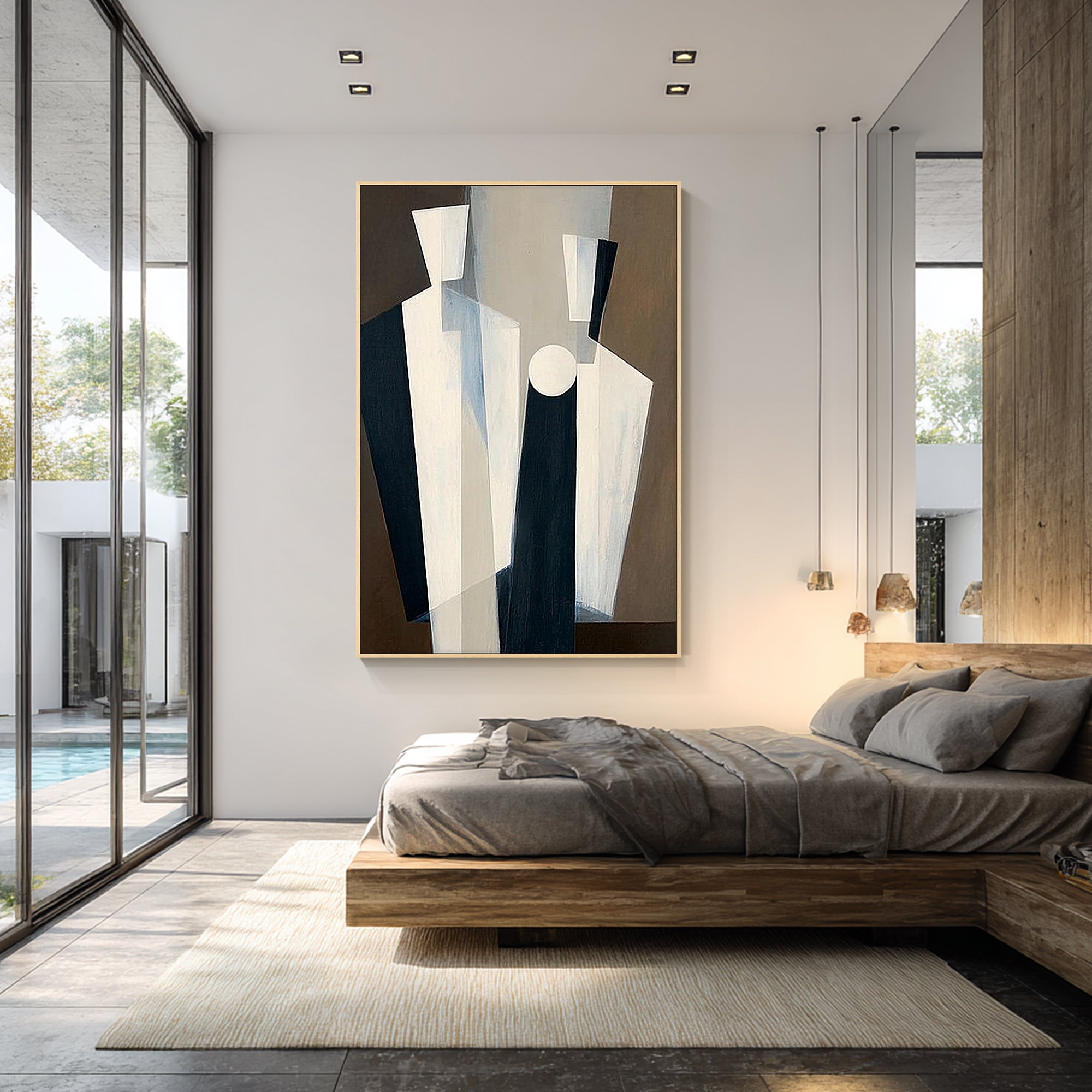 abstract black beige painting displayed above bed in bedroom
