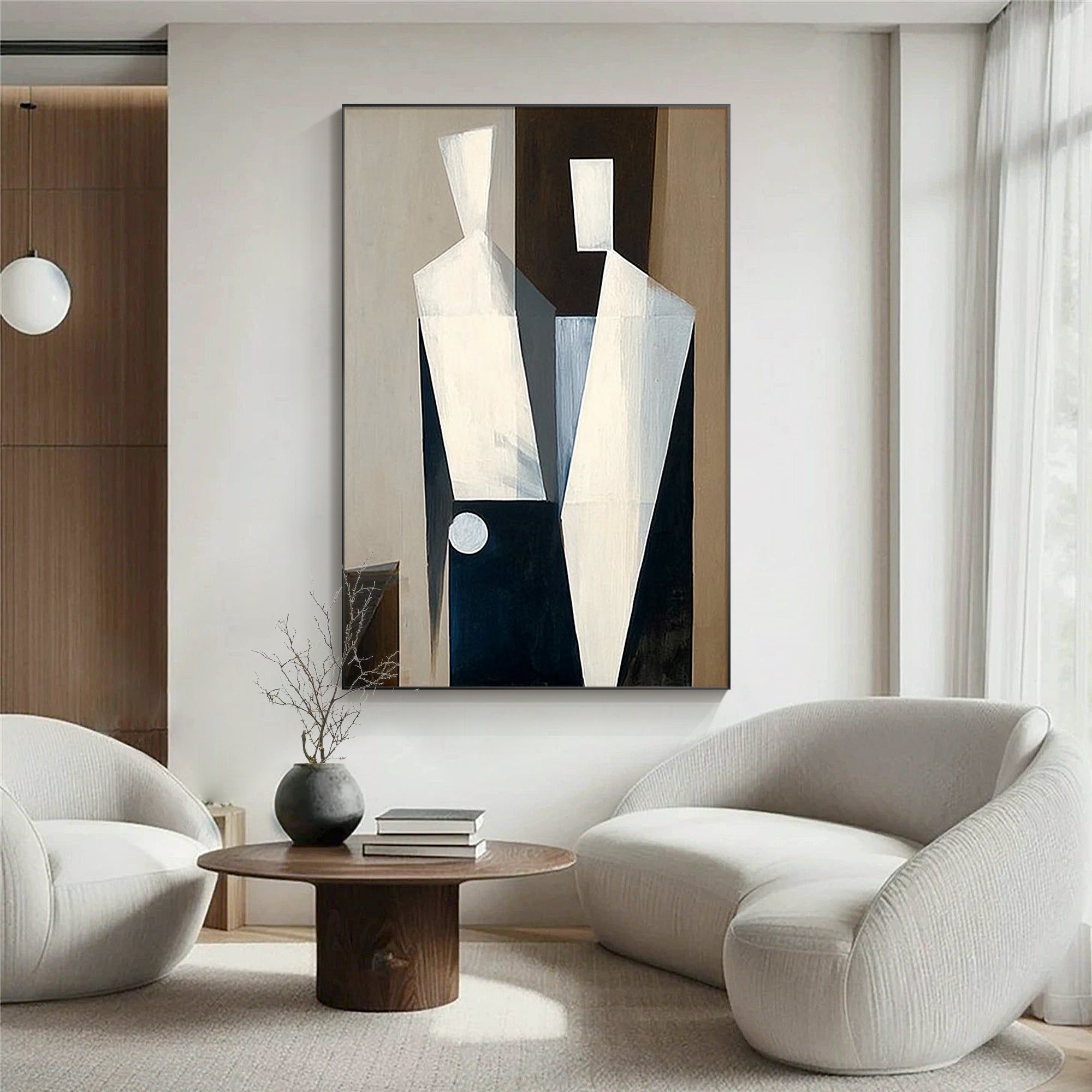 neutral geometric canvas painting in bright contemporary living room