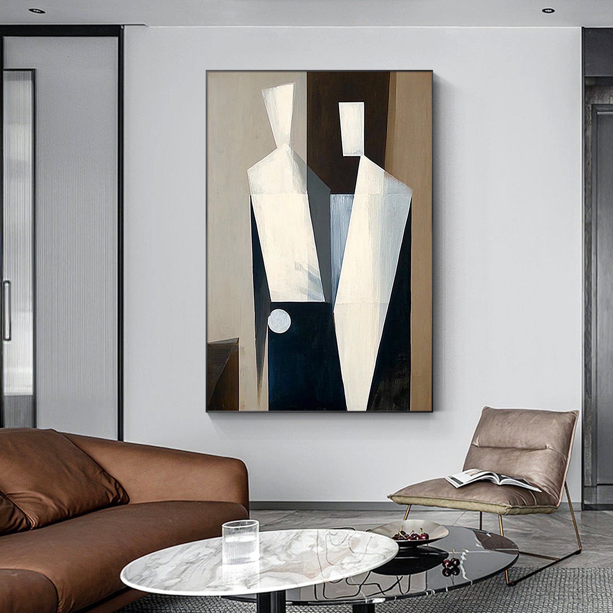 abstract figure artwork displayed in minimalist living room interior