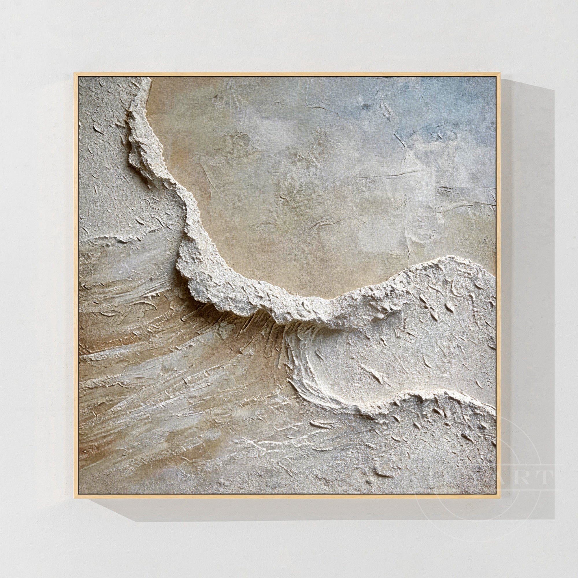 textured beige plaster wall art close view