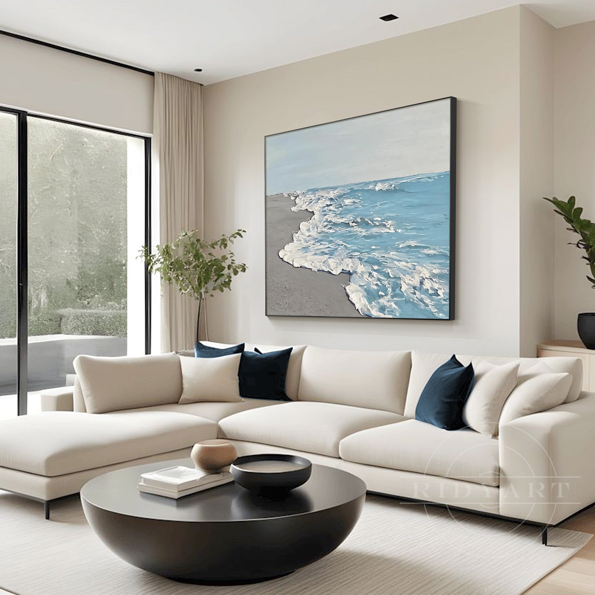 Hand painted beach wave artwork on white wall