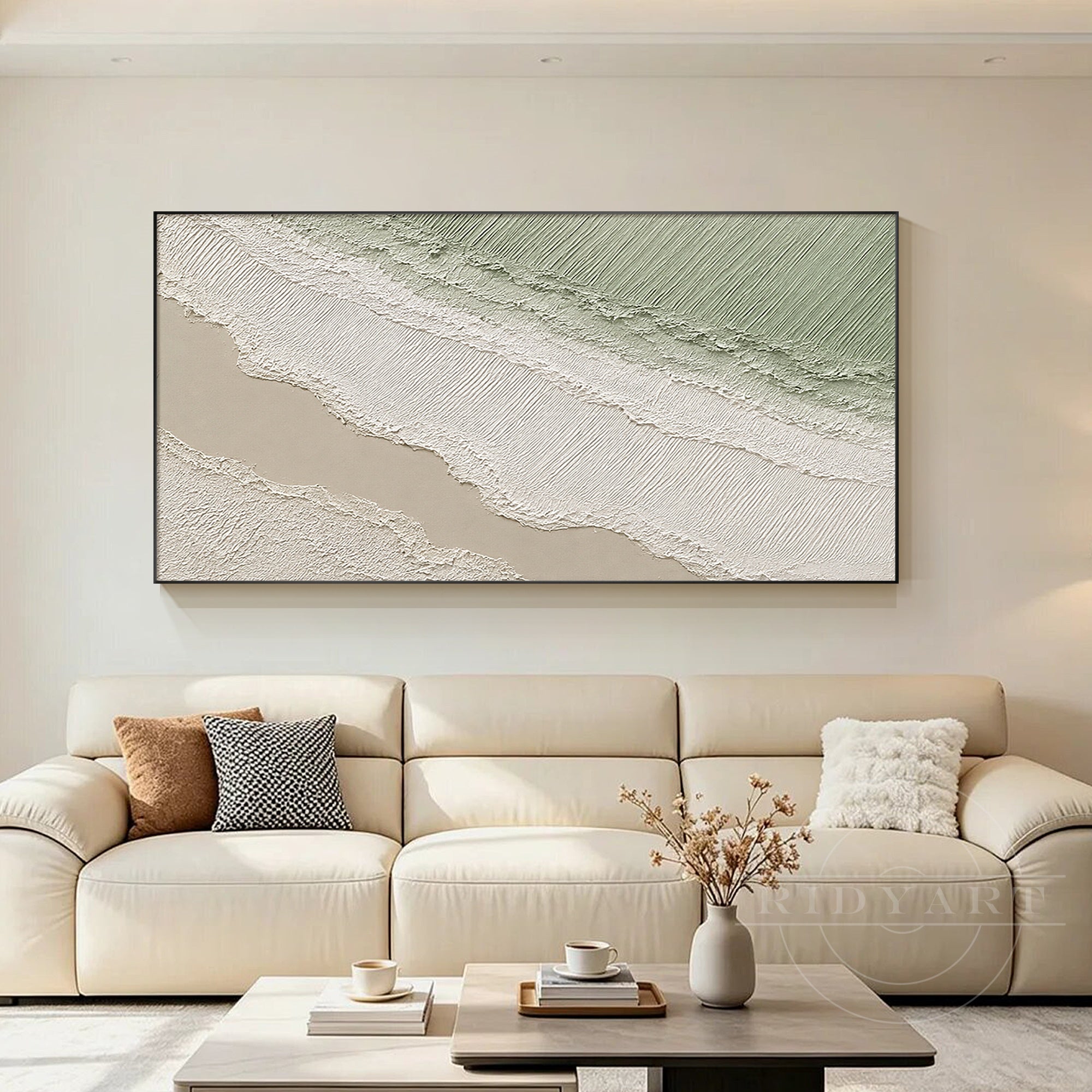 Green beige coastal canvas painting