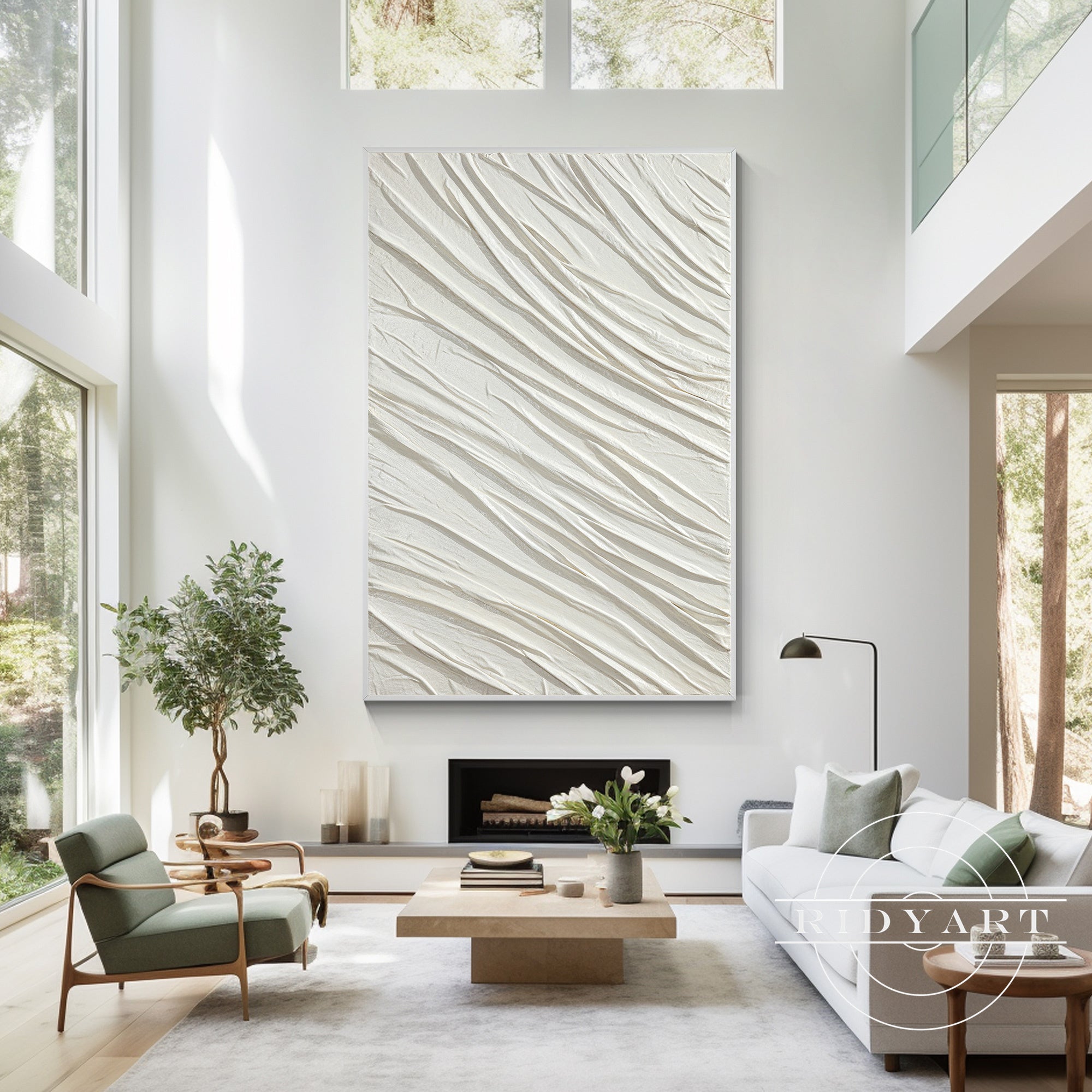 Minimalistische witte gestructureerde muurkunst - Golvend impasto schilderij
