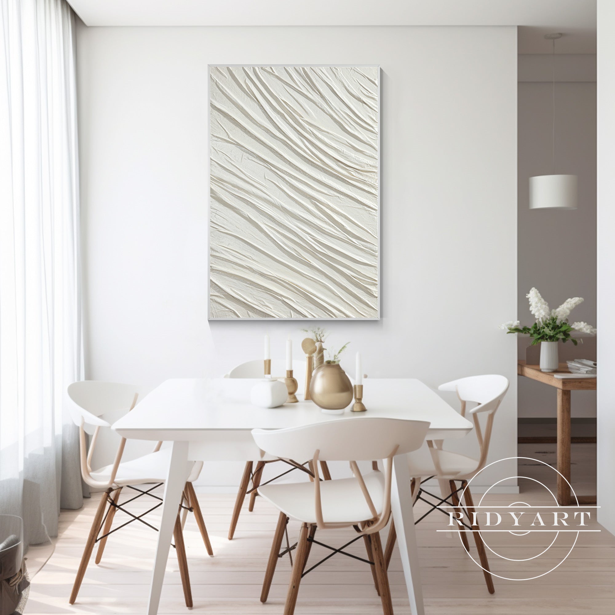 Minimalistische witte gestructureerde muurkunst - Golvend impasto schilderij