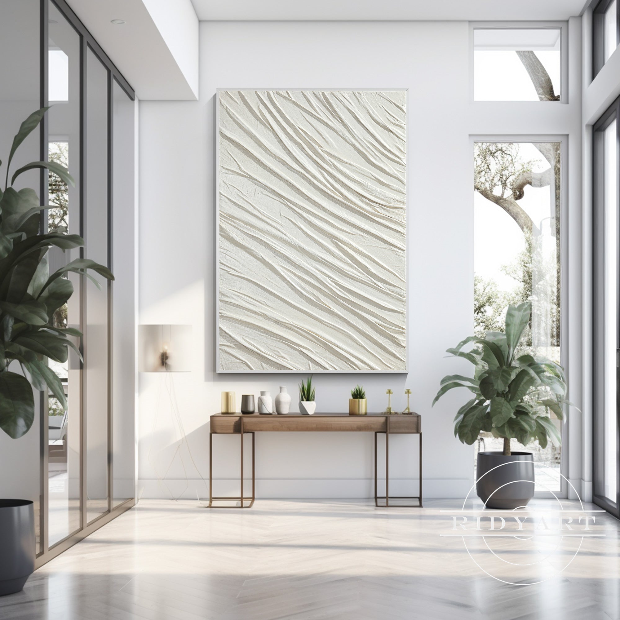 Minimalistische witte gestructureerde muurkunst - Golvend impasto schilderij