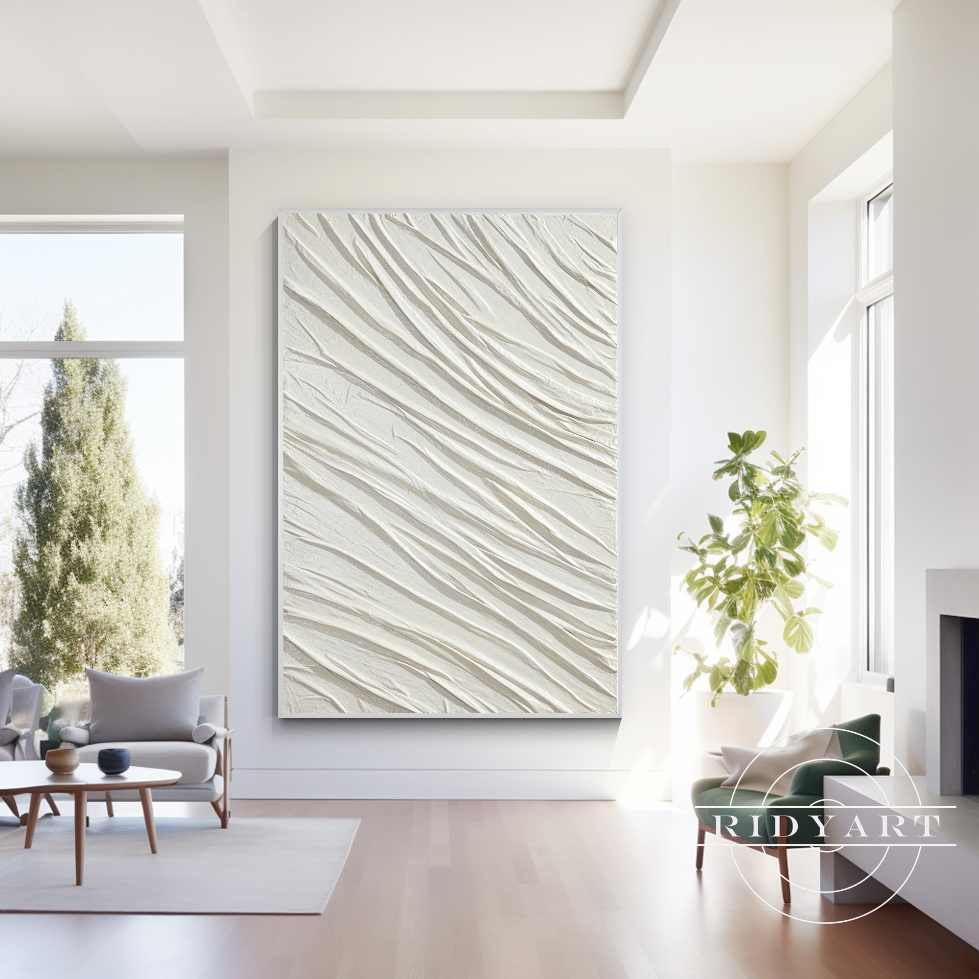 Minimalistische witte gestructureerde muurkunst - Golvend impasto schilderij