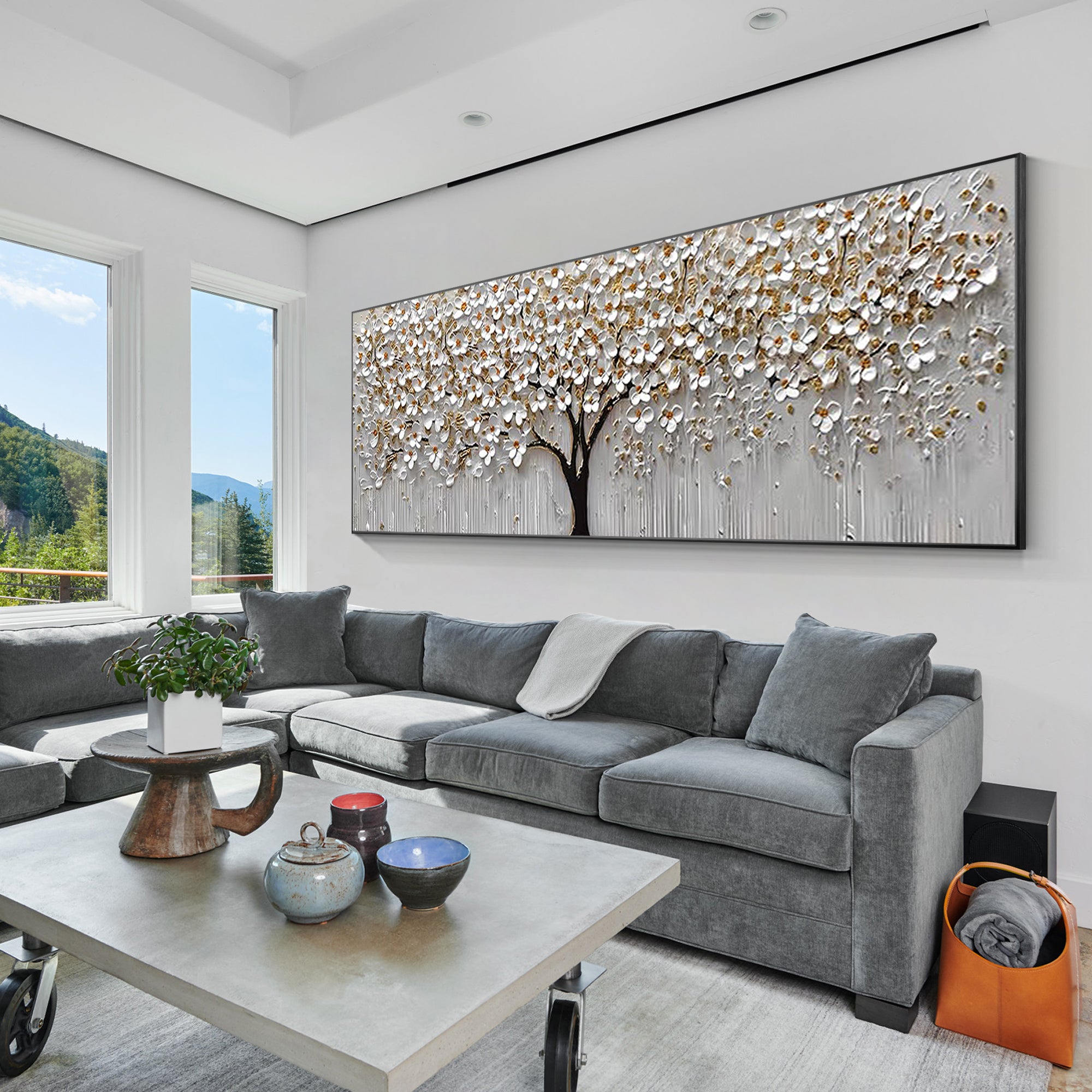 Horizontal 3D textured white flower painting with gold leaf accents, framed original oil art for large living room wall decor or modern interiors.