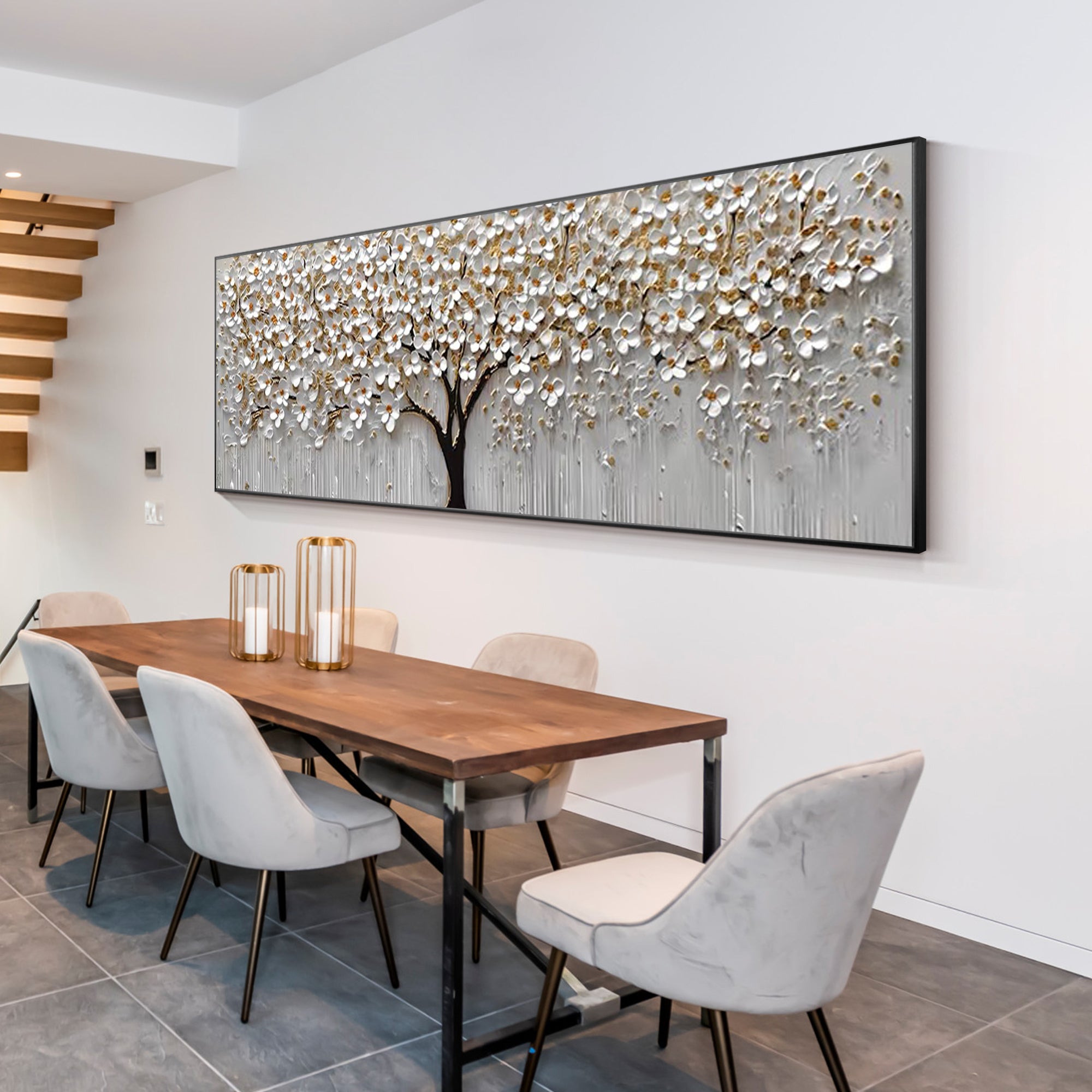 Horizontal 3D textured white flower painting with gold leaf accents, framed original oil art for large living room wall decor or modern interiors.