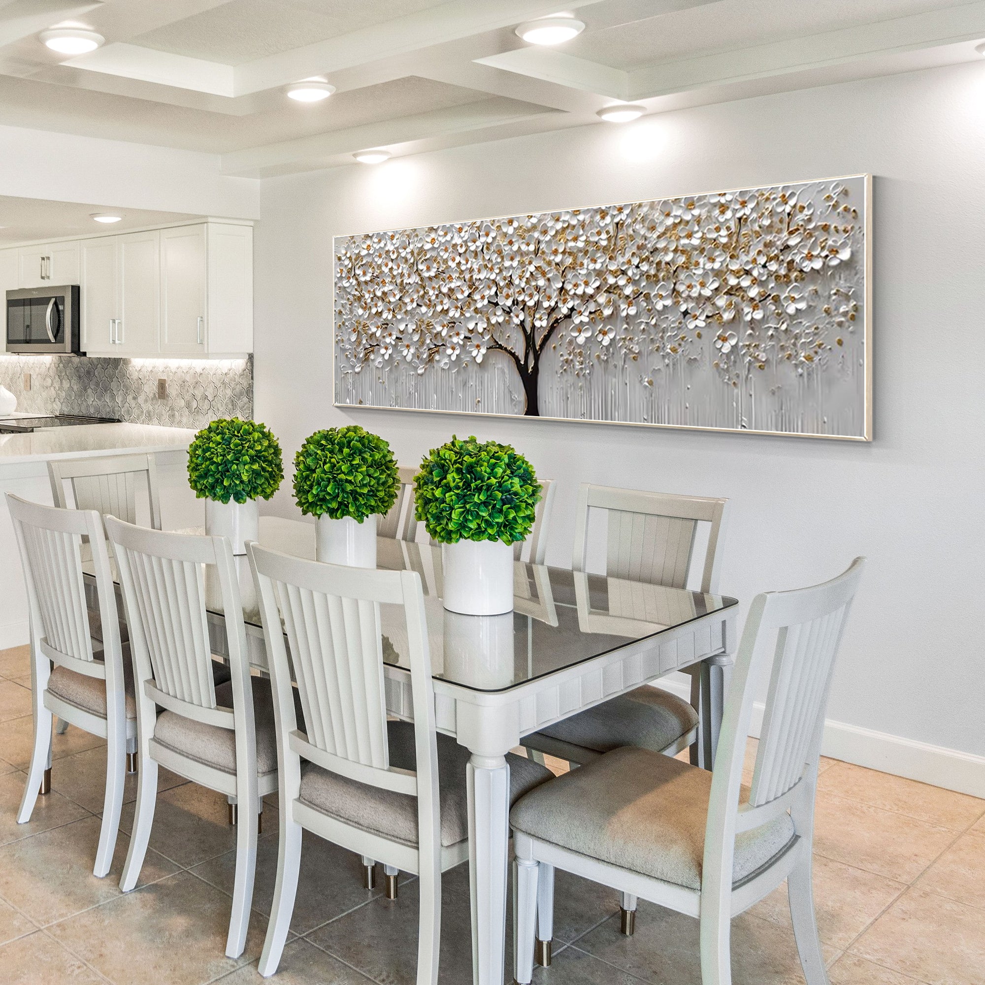 Horizontal 3D textured white flower painting with gold leaf accents, framed original oil art for large living room wall decor or modern interiors.