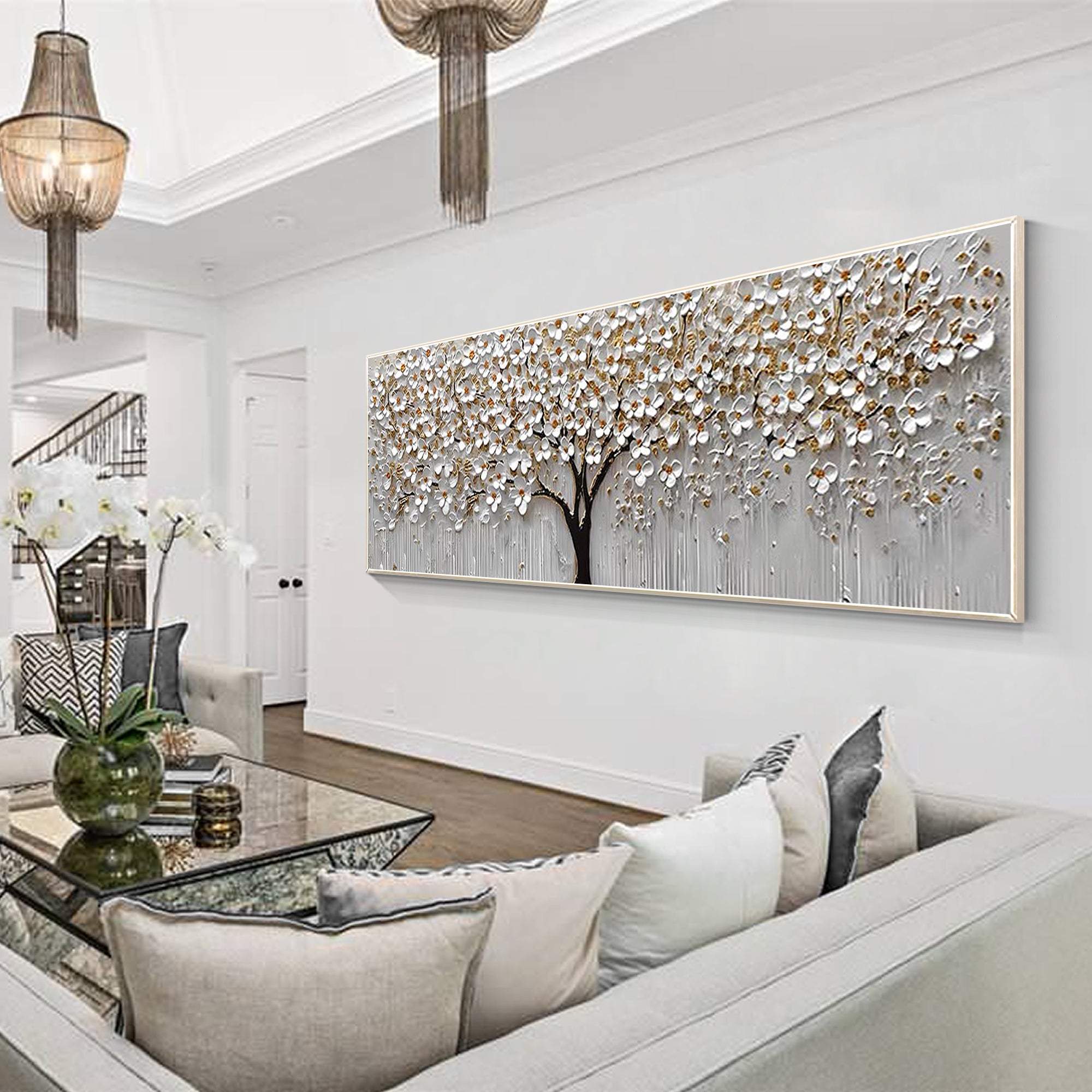 Horizontal 3D textured white flower painting with gold leaf accents, framed original oil art for large living room wall decor or modern interiors.