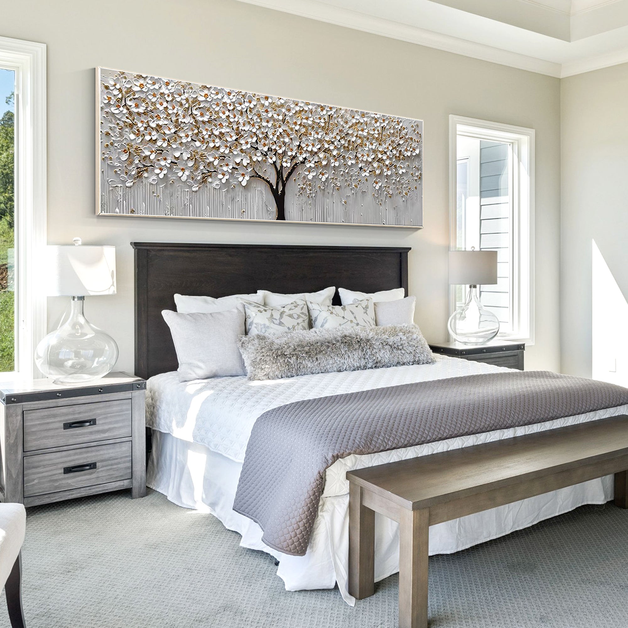 Horizontal 3D textured white flower painting with gold leaf accents, framed original oil art for large living room wall decor or modern interiors.