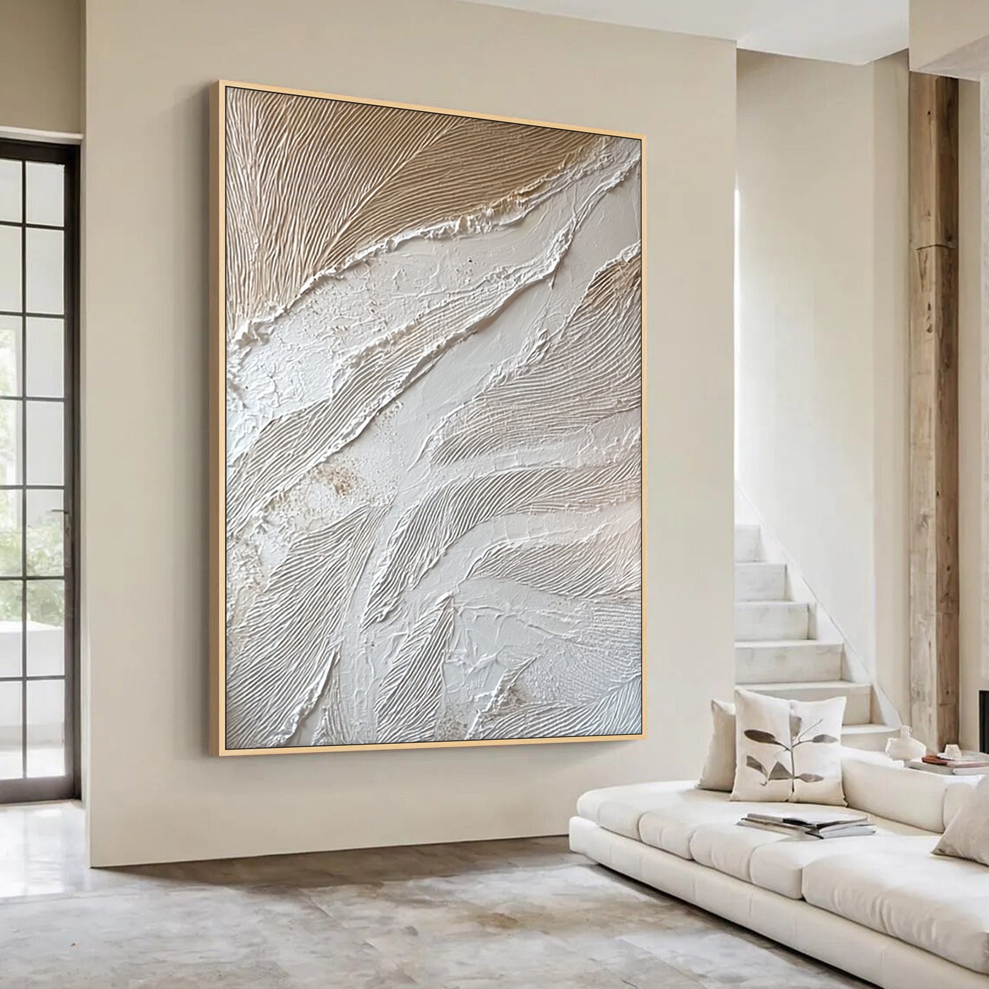White textured abstract wall art in modern living room interior