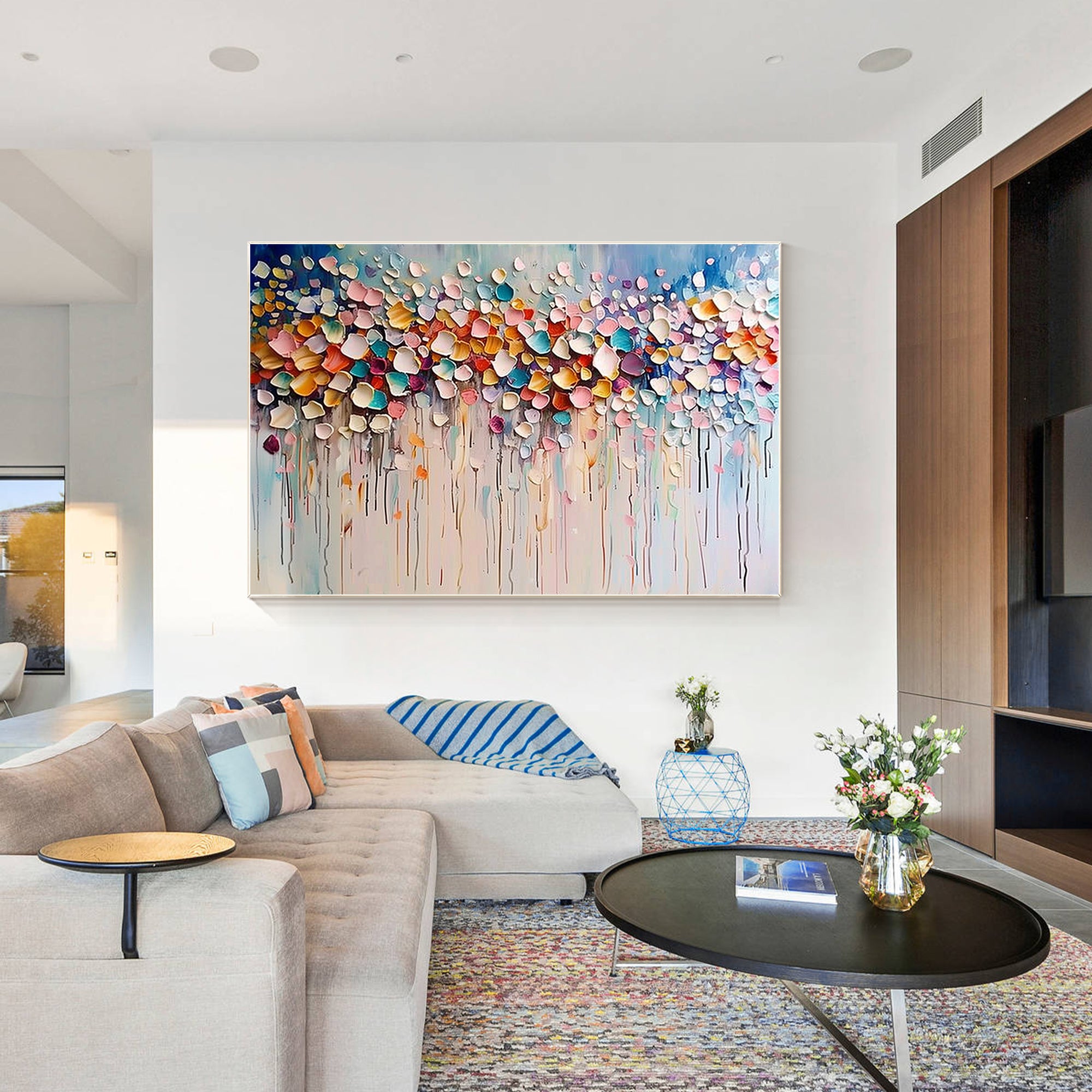 Colorful 3D textured wildflower painting on canvas.