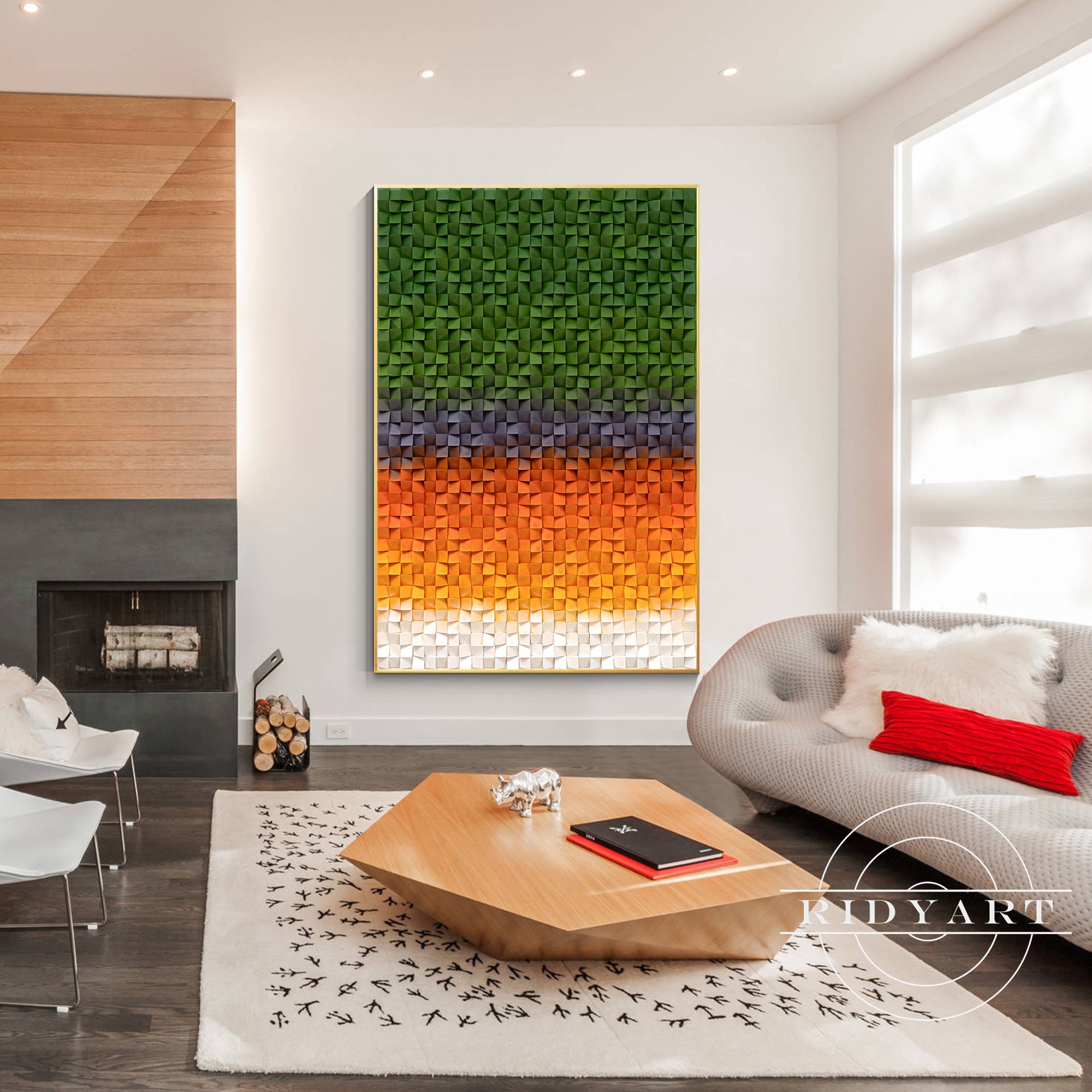 Large geometric wood block artwork for living room