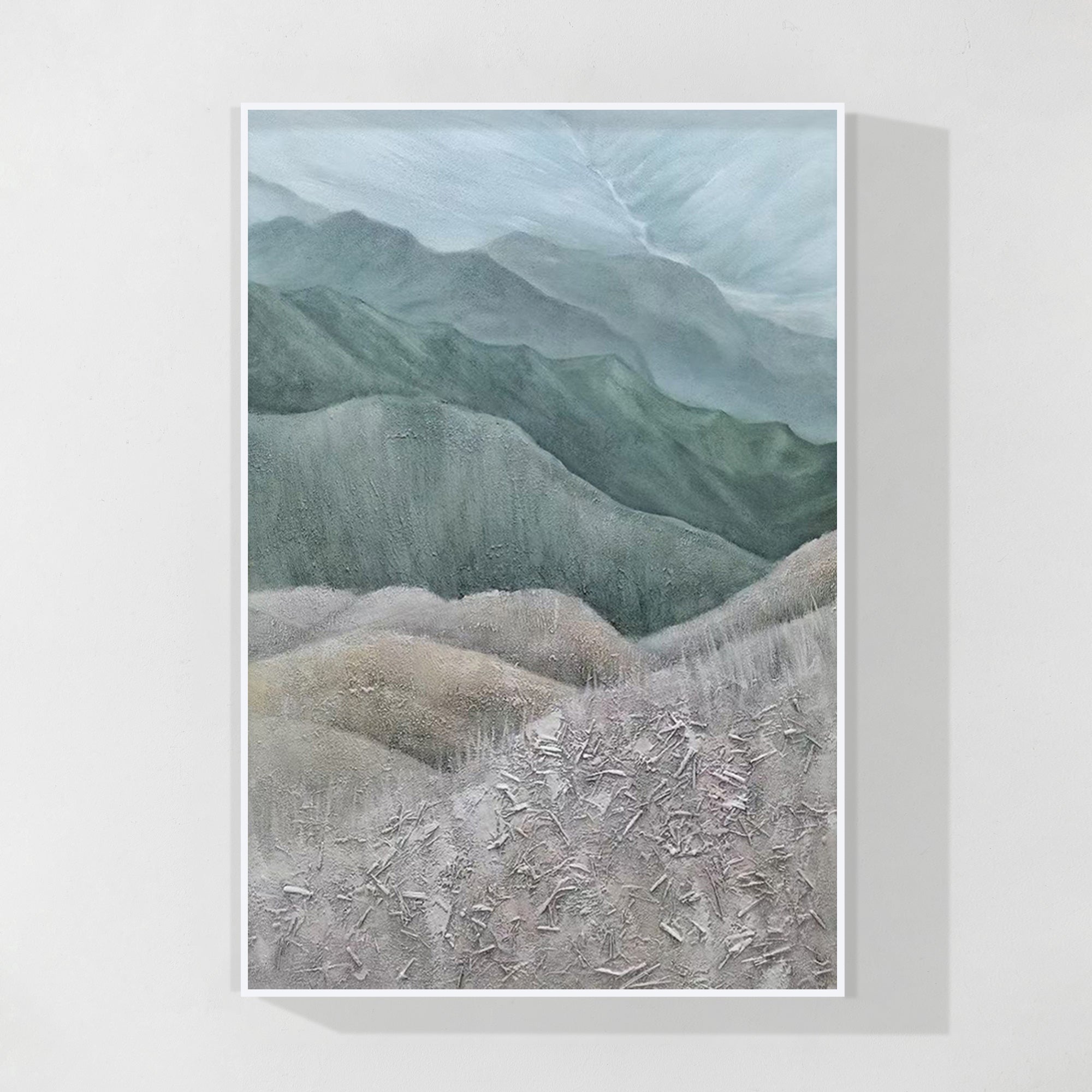 Gray Green Mountains Textured Vertical Wall Art