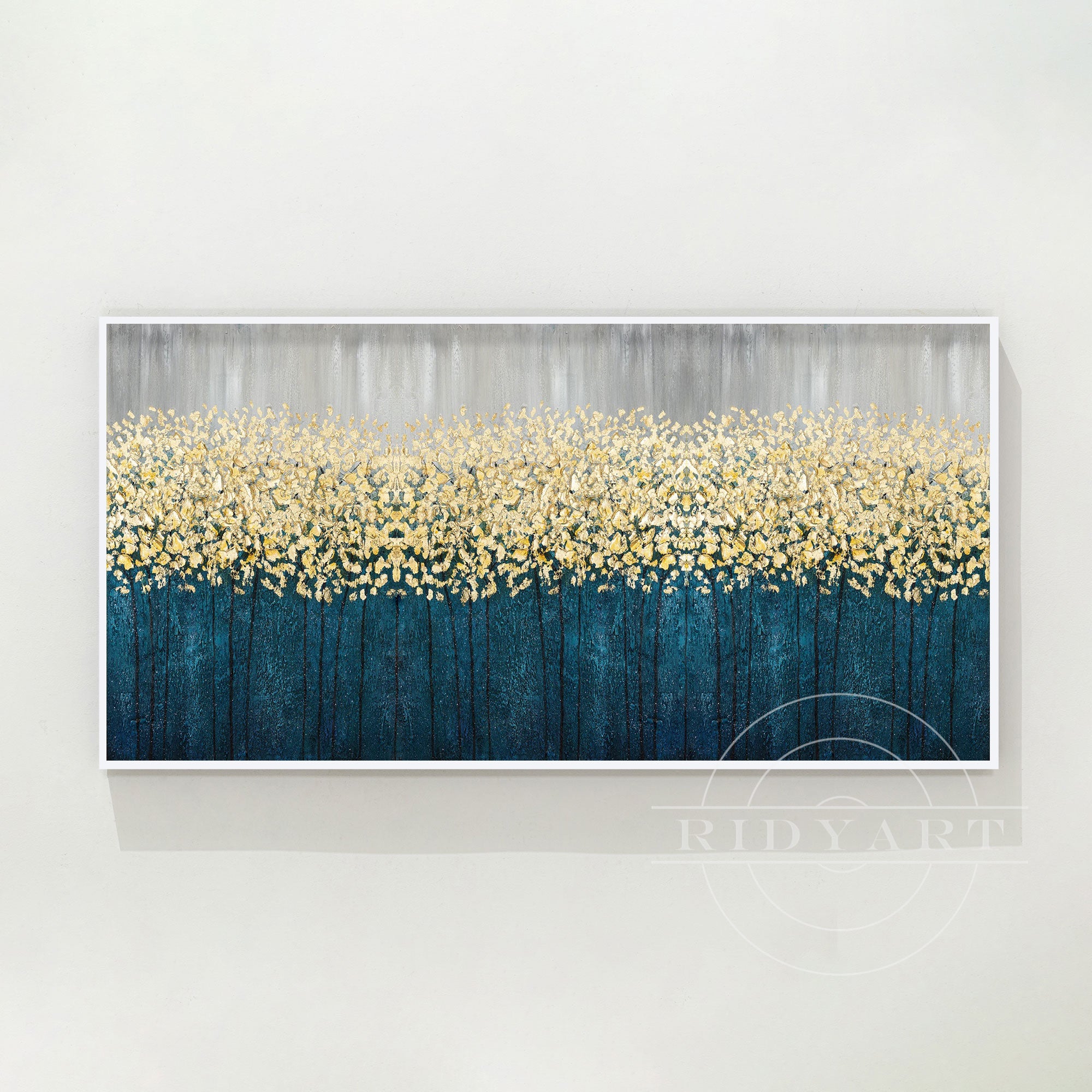 Abstraktes Gemälde mit goldenen Blumen – 3D-Wandbild in Blaugrün