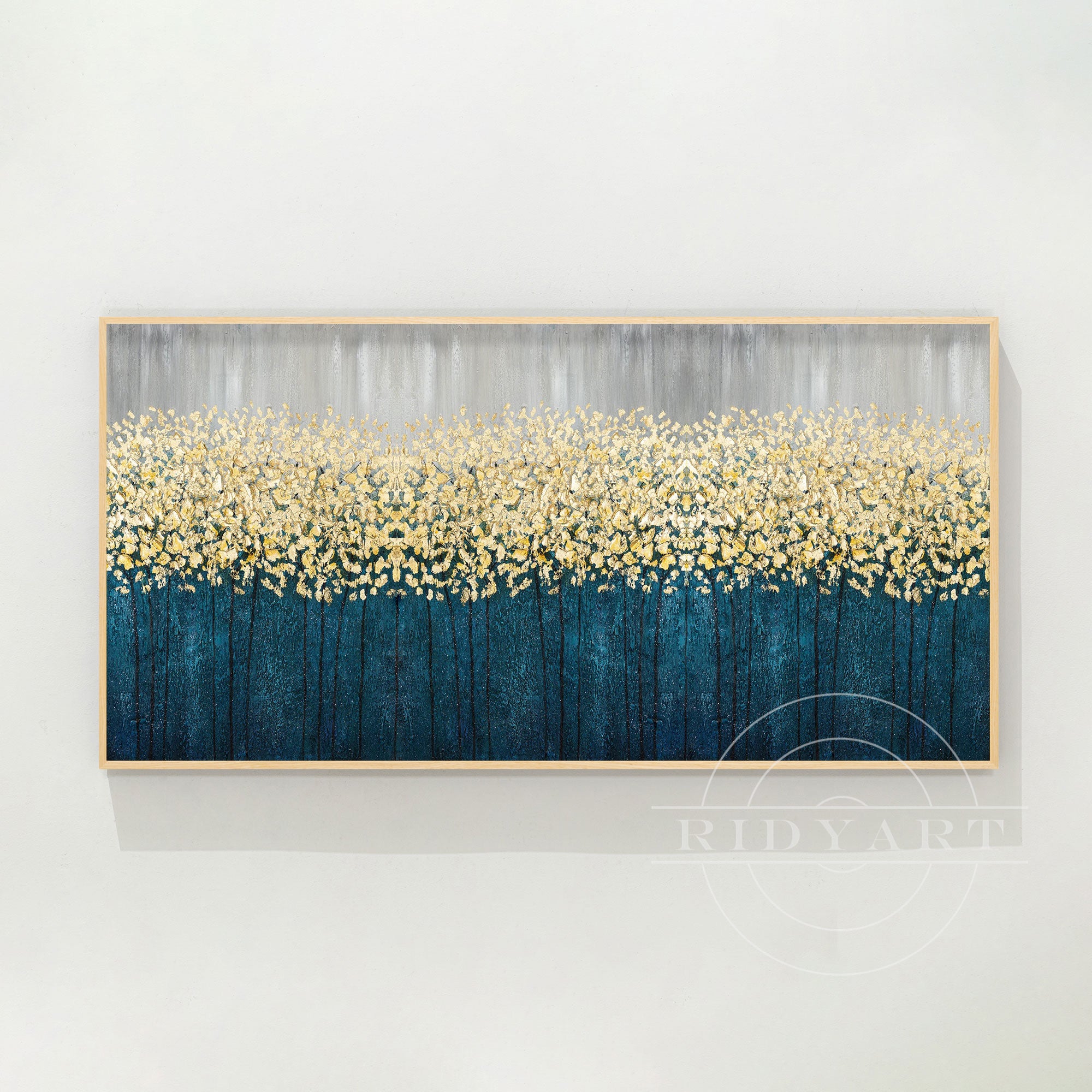 Abstraktes Gemälde mit goldenen Blumen – 3D-Wandbild in Blaugrün