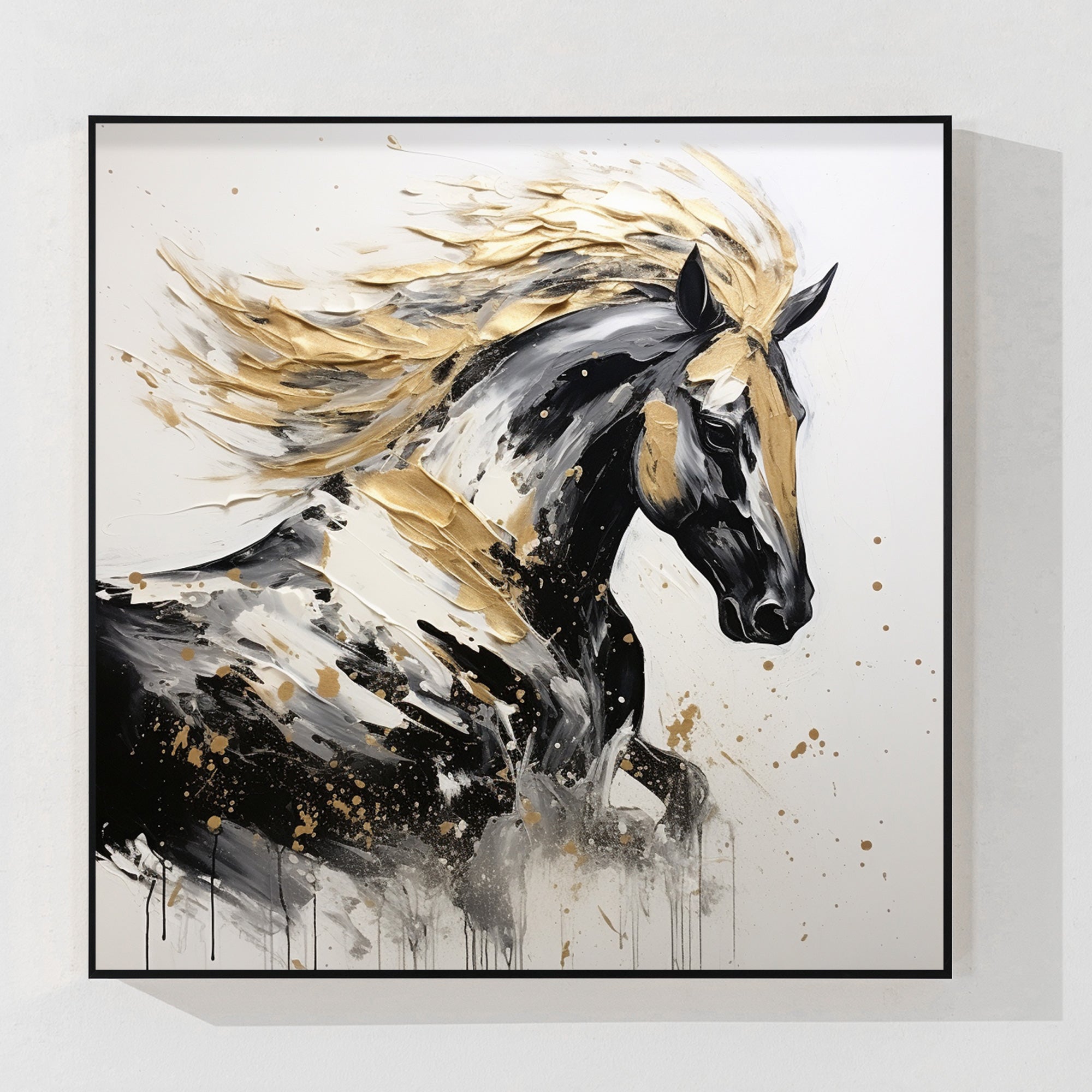Strukturgemälde „Laufendes Pferd“ in Schwarz und Gold, Originalleinwand