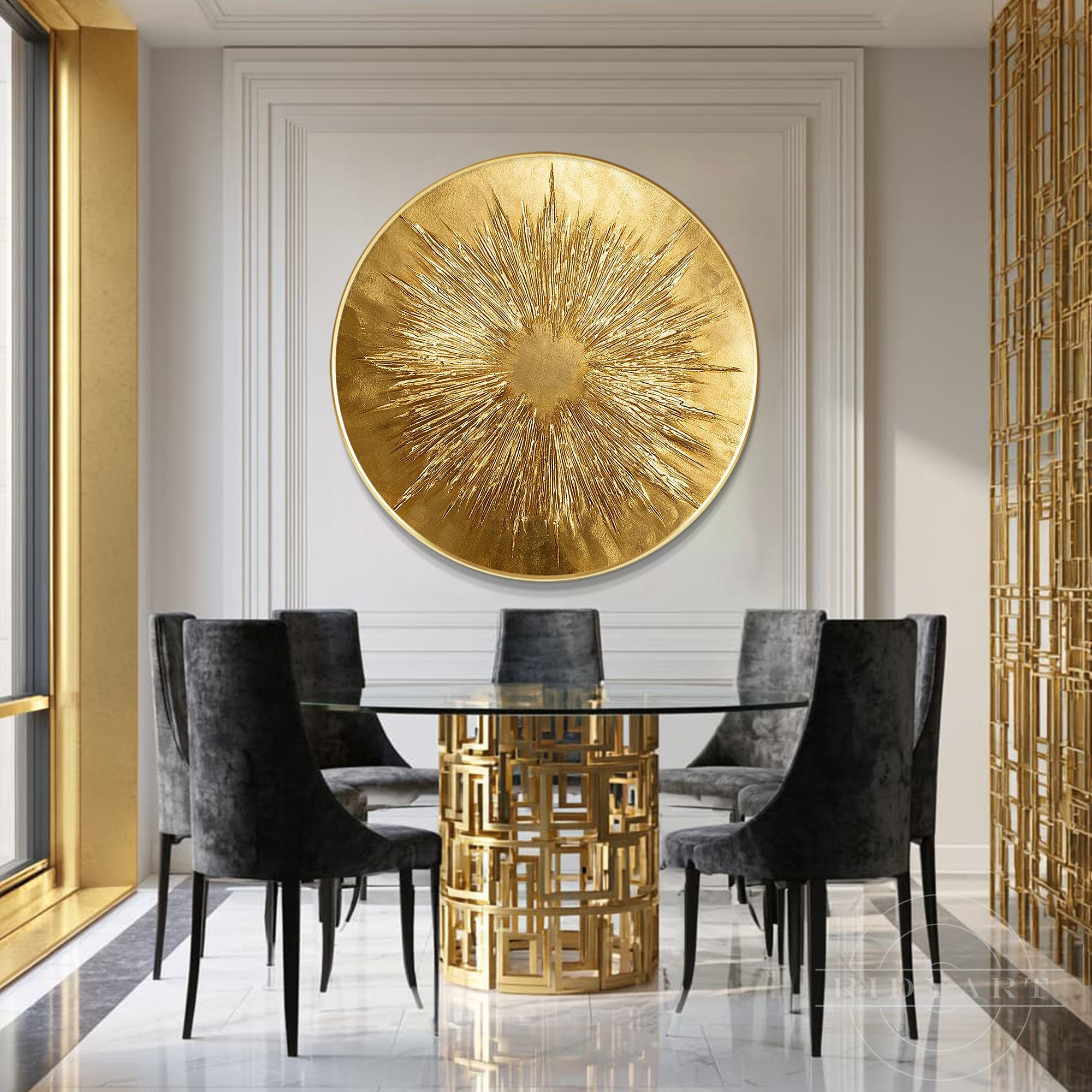 Oversized round 3D gold textured artwork mounted above a round glass dining table surrounded by dark velvet chairs in an elegant luxury interior.