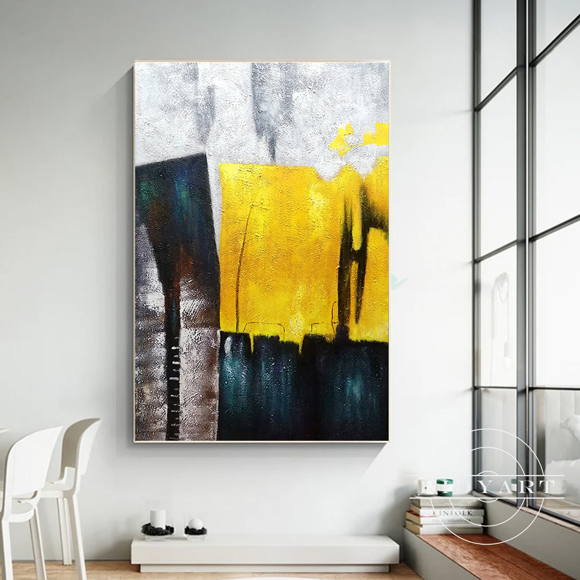 Abstract art with deep blue and golden yellow tones