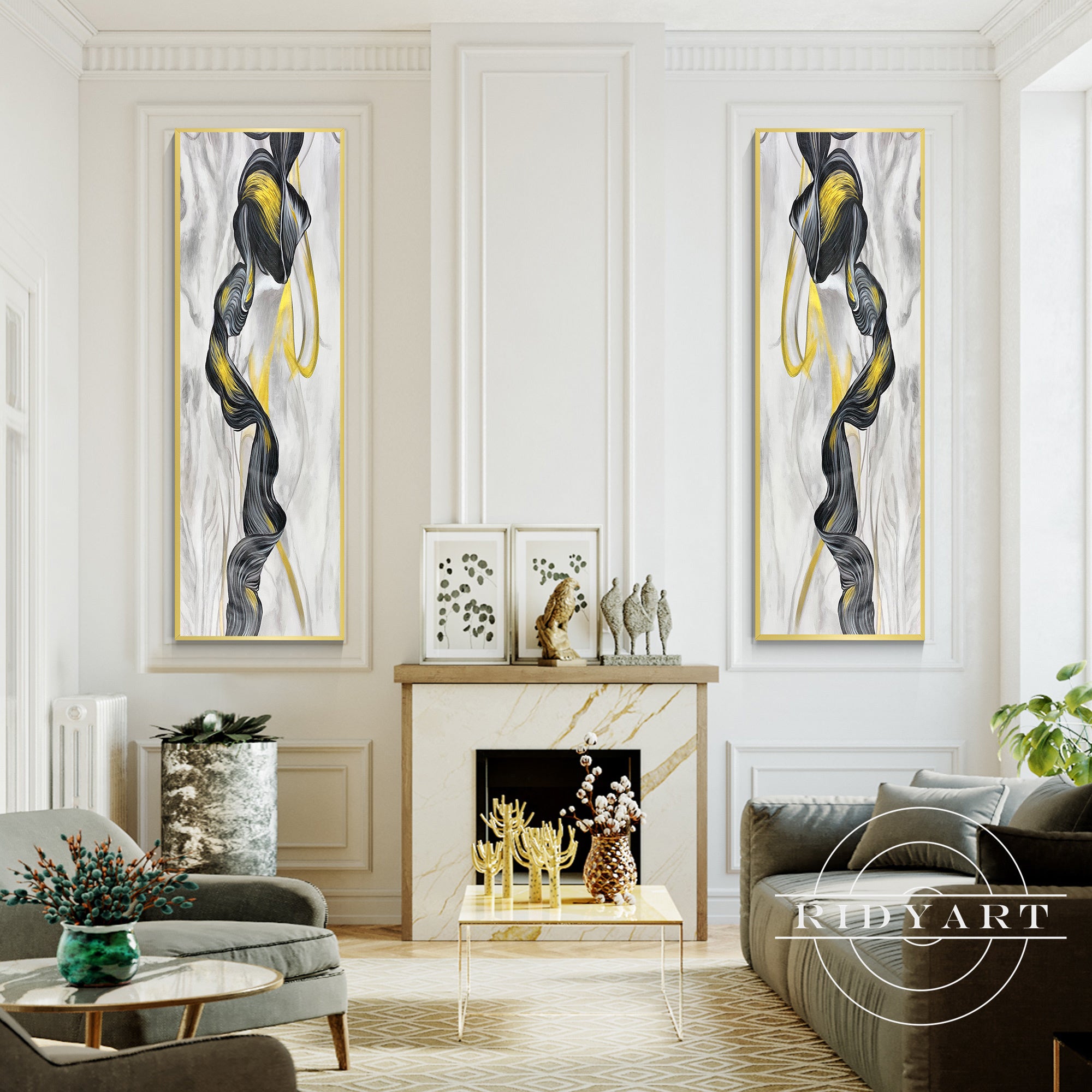 Set of 2 original black gold paintings on canvas