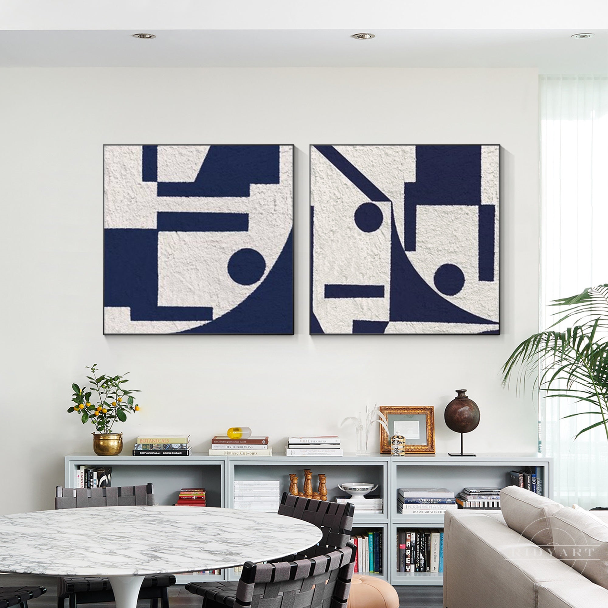 Textured modern blue and white art on canvas
