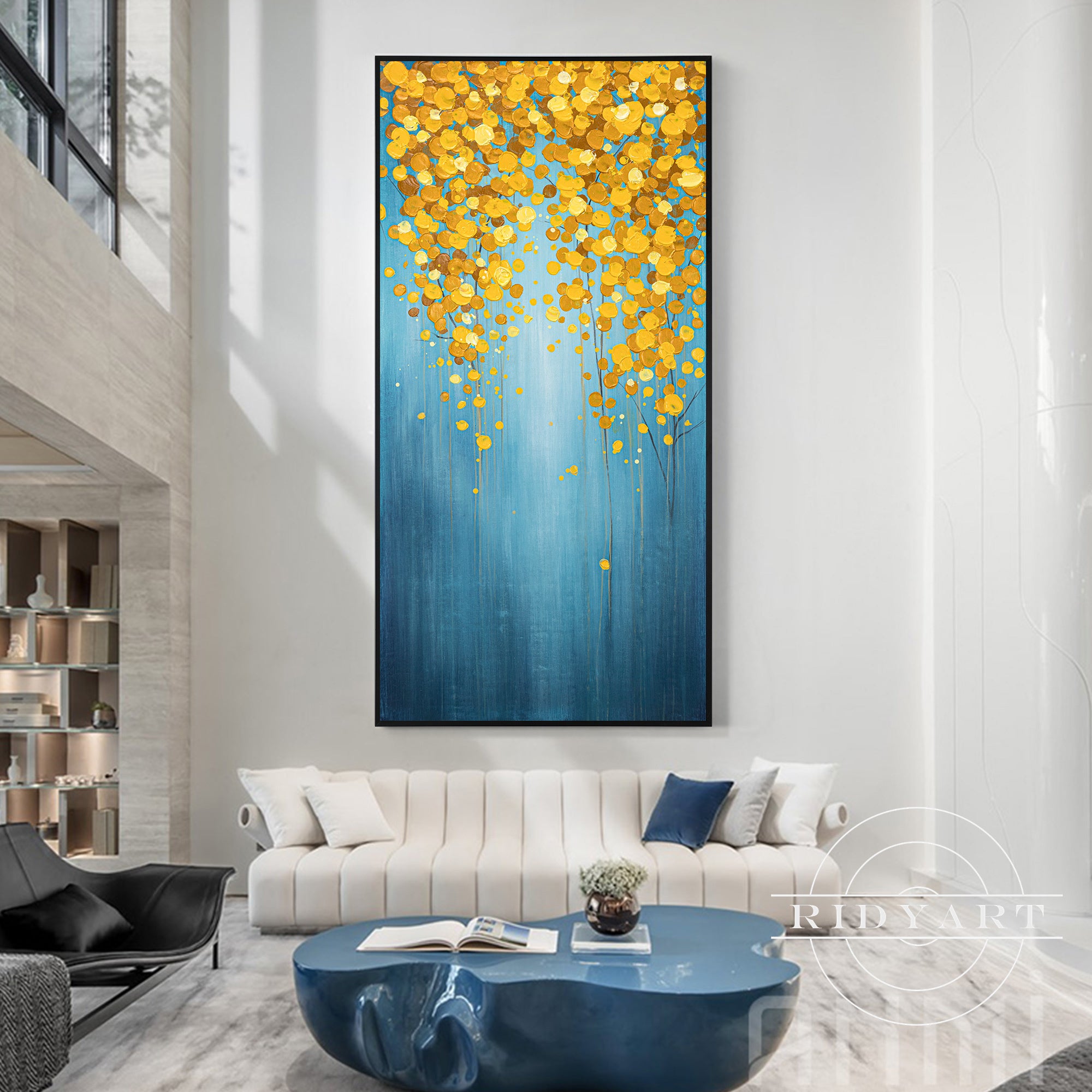Extra large abstract wall art in blue and gold