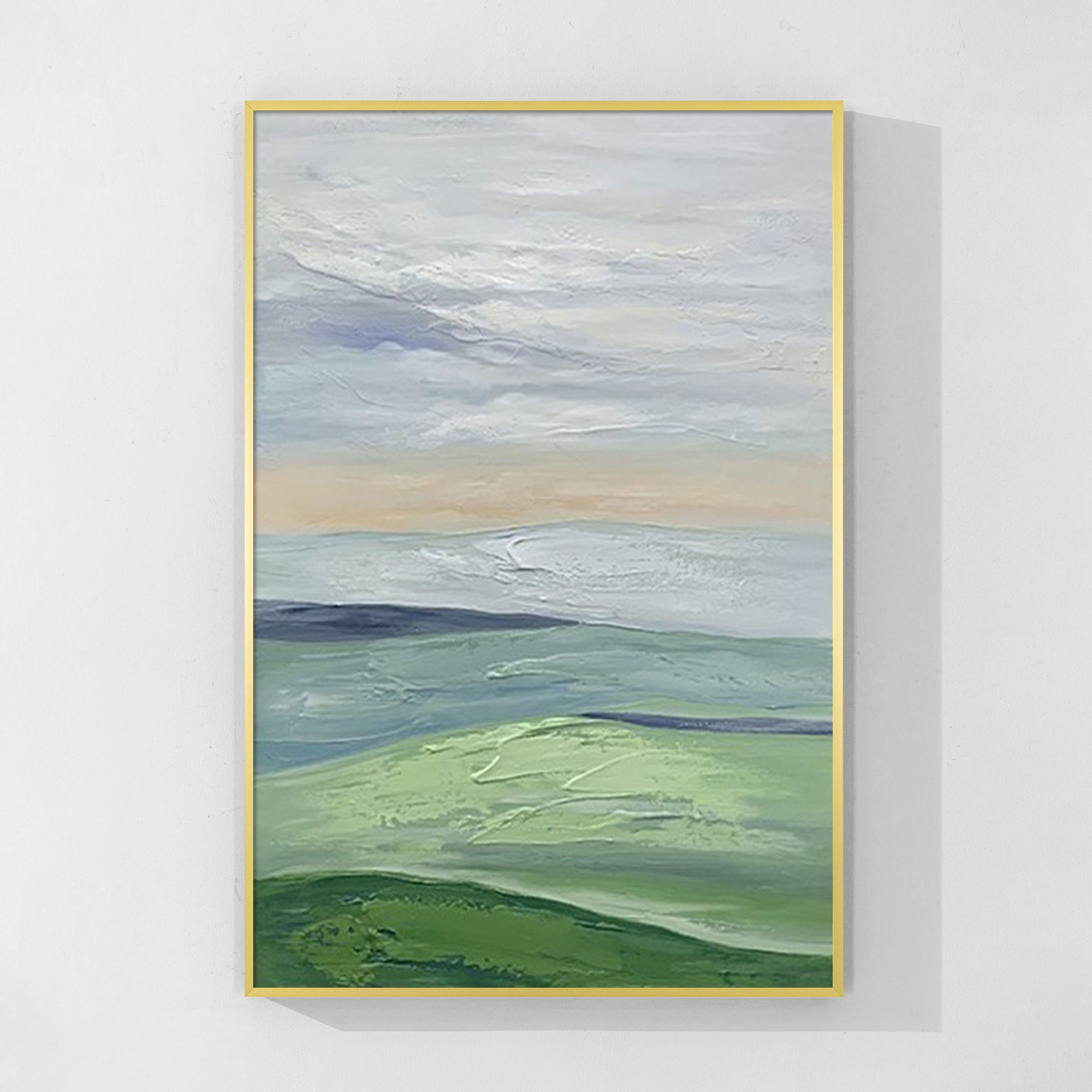 Abstract mountain painting in blue and green tones for living rooms.
