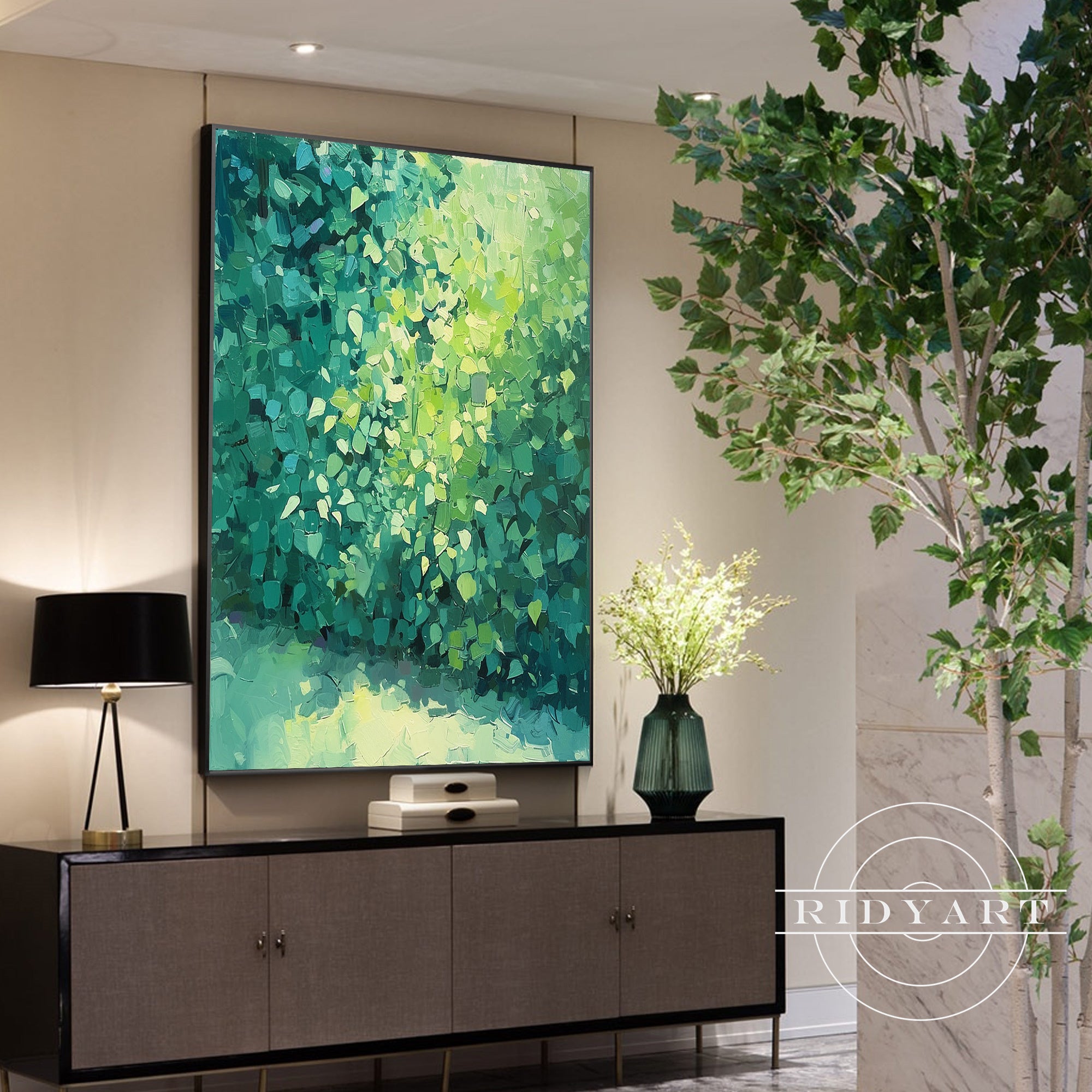 Large green boho painting for living room
